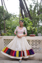 Lorenvalley Fashion White Roman Silk with Thread work & Gota Lace embellished Work Gown | Grocsy