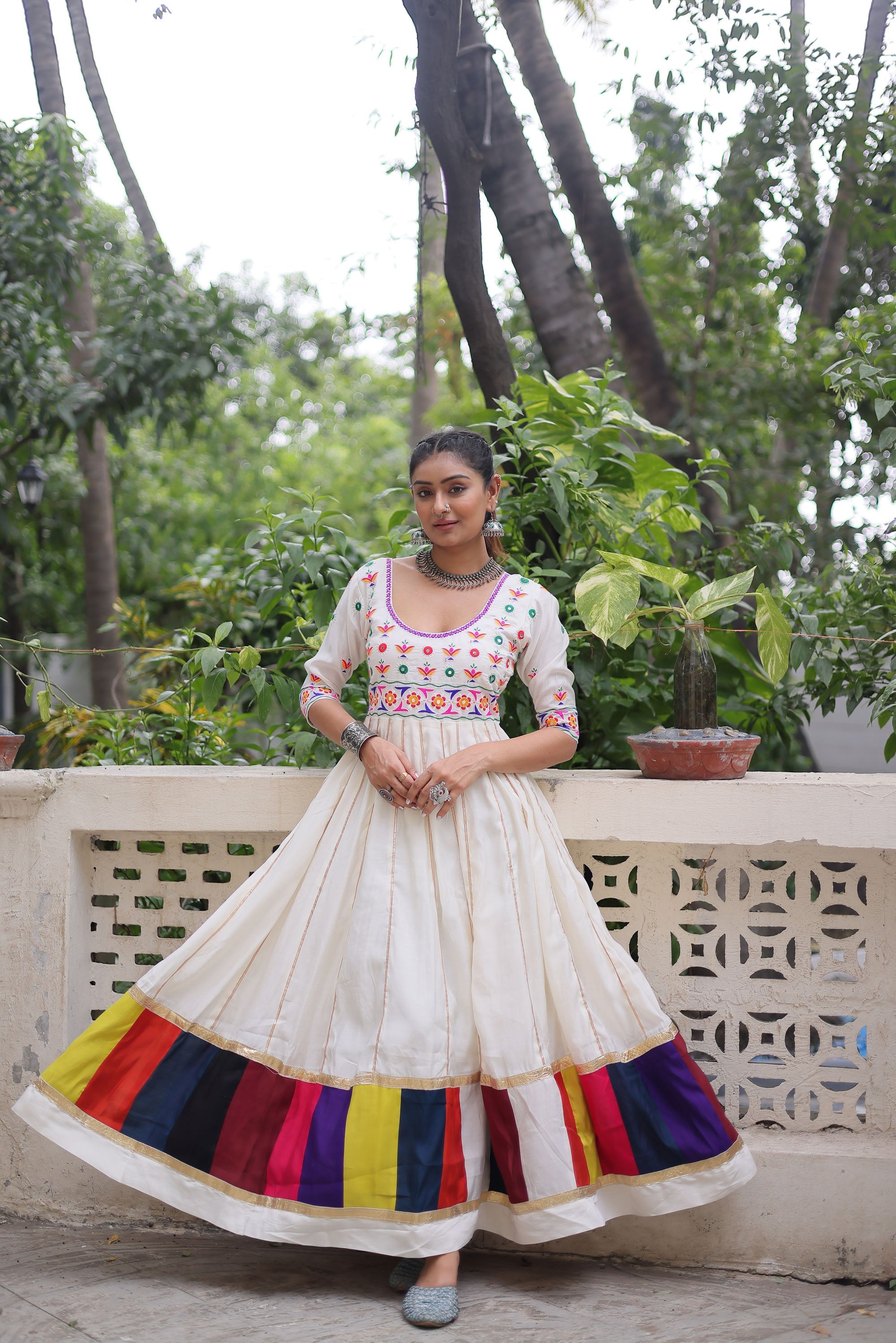 Lorenvalley Fashion White Roman Silk with Thread work & Gota Lace embellished Work Gown | Grocsy