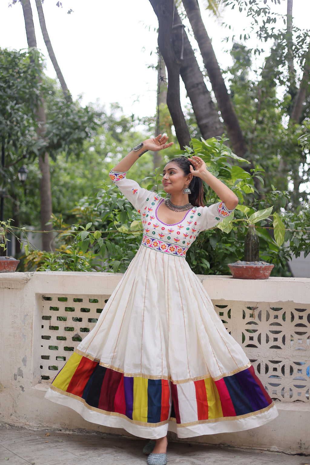 Lorenvalley Fashion White Roman Silk with Thread work & Gota Lace embellished Work Gown | Grocsy