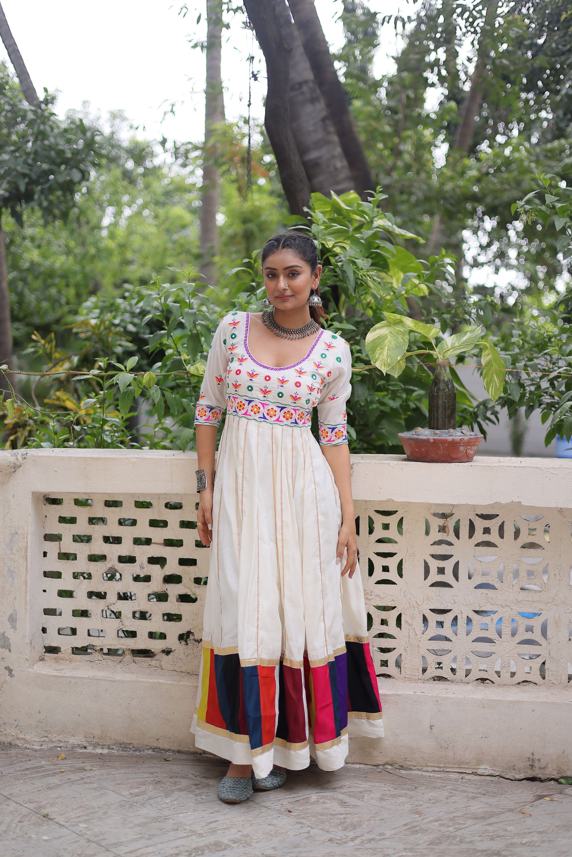 Lorenvalley Fashion White Roman Silk with Thread work & Gota Lace embellished Work Gown | Grocsy