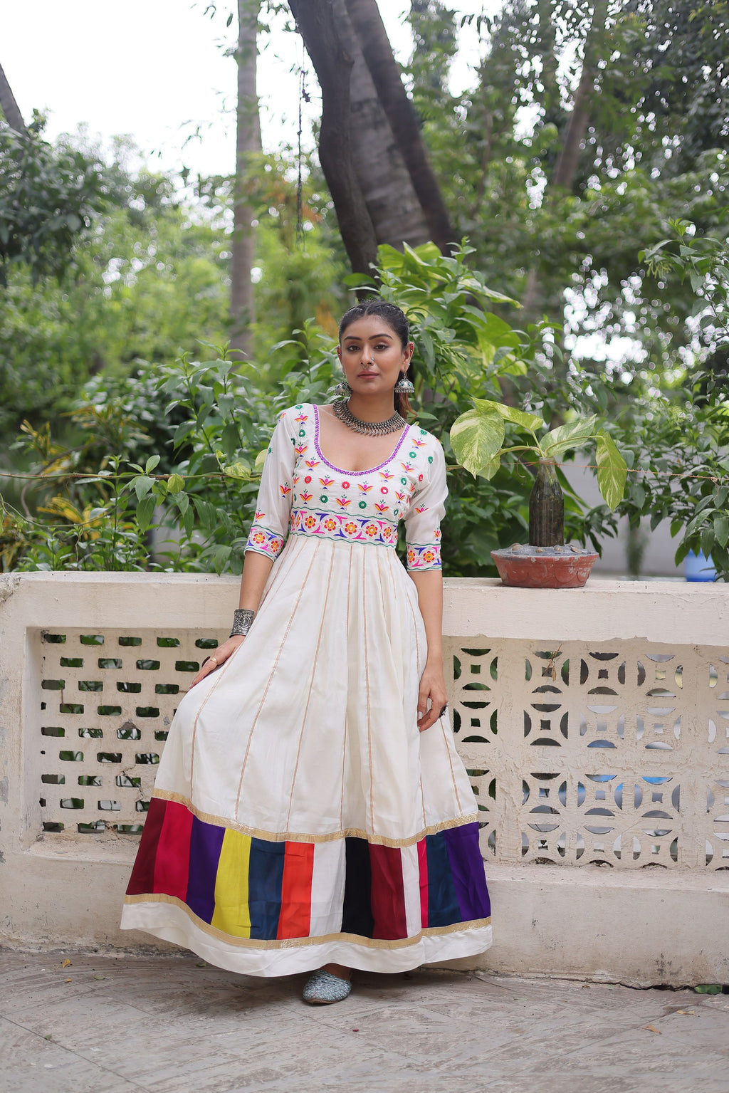 Lorenvalley Fashion White Roman Silk with Thread work & Gota Lace embellished Work Gown | Grocsy