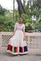 Lorenvalley Fashion White Roman Silk with Thread work & Gota Lace embellished Work Gown | Grocsy
