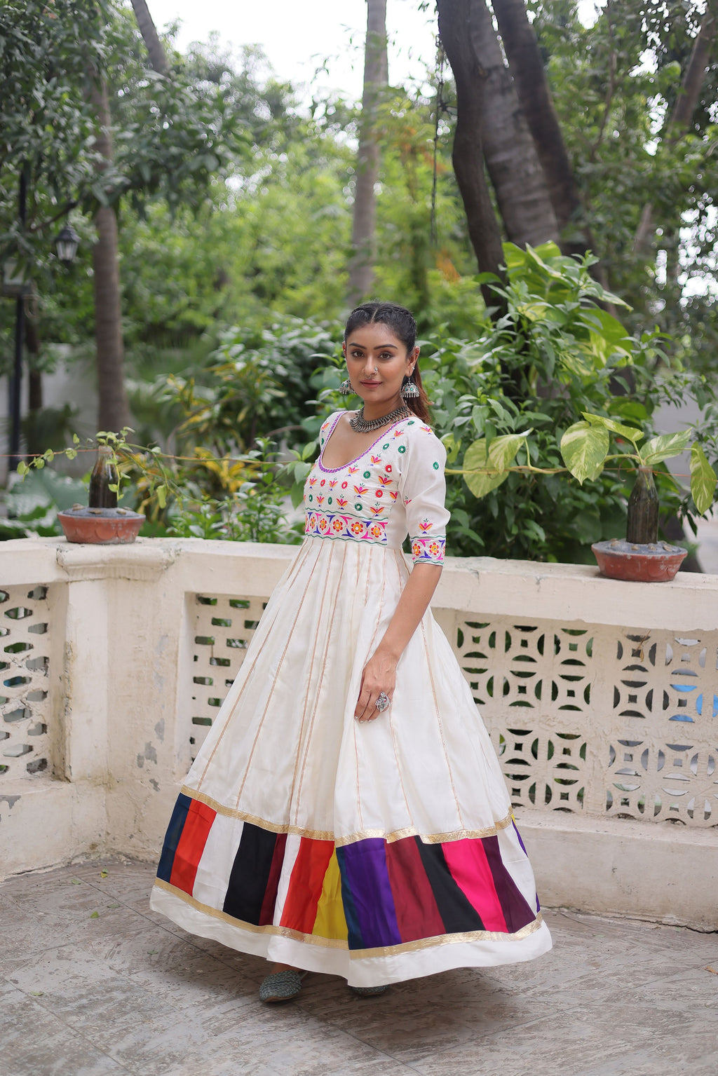 Lorenvalley Fashion White Roman Silk with Thread work & Gota Lace embellished Work Gown | Grocsy