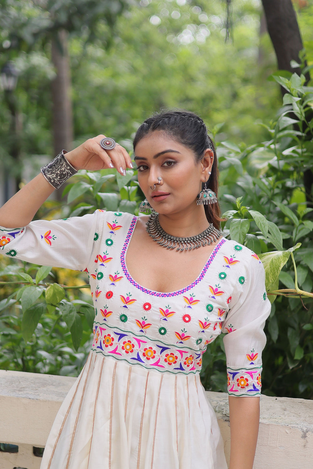 Lorenvalley Fashion White Roman Silk with Thread work & Gota Lace embellished Work Gown | Grocsy
