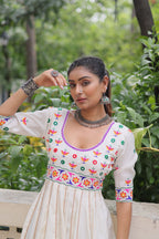 Lorenvalley Fashion White Roman Silk with Thread work & Gota Lace embellished Work Gown | Grocsy