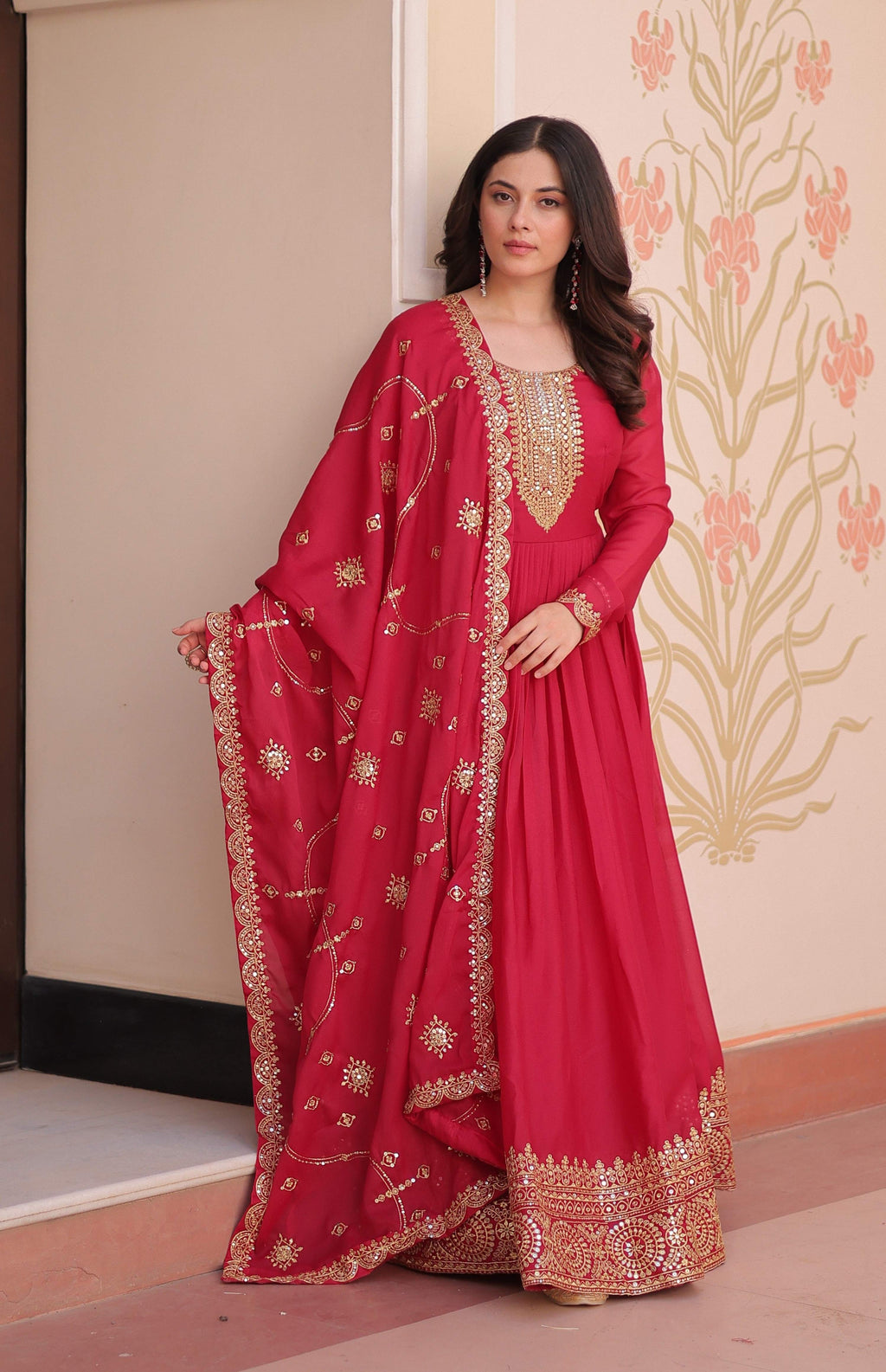 Vedant Vastram Georgette Embroidery & Sequence Work Stitched Ethnic Gown-Pink | Grocsy