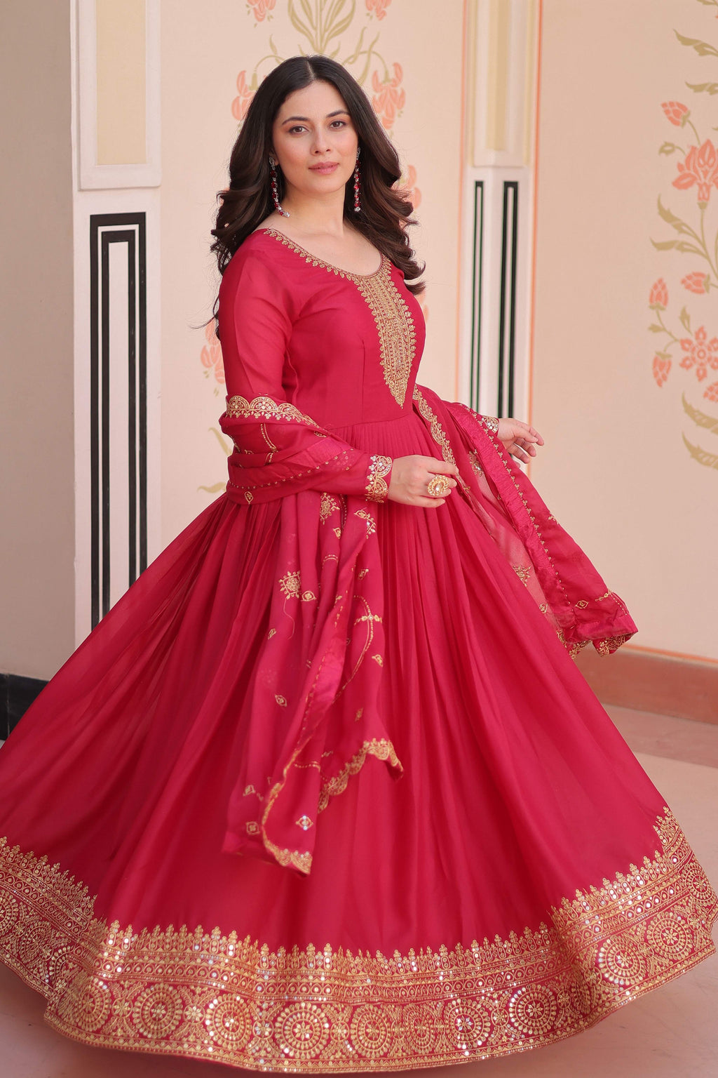 Vedant Vastram Georgette Embroidery & Sequence Work Stitched Ethnic Gown-Pink | Grocsy
