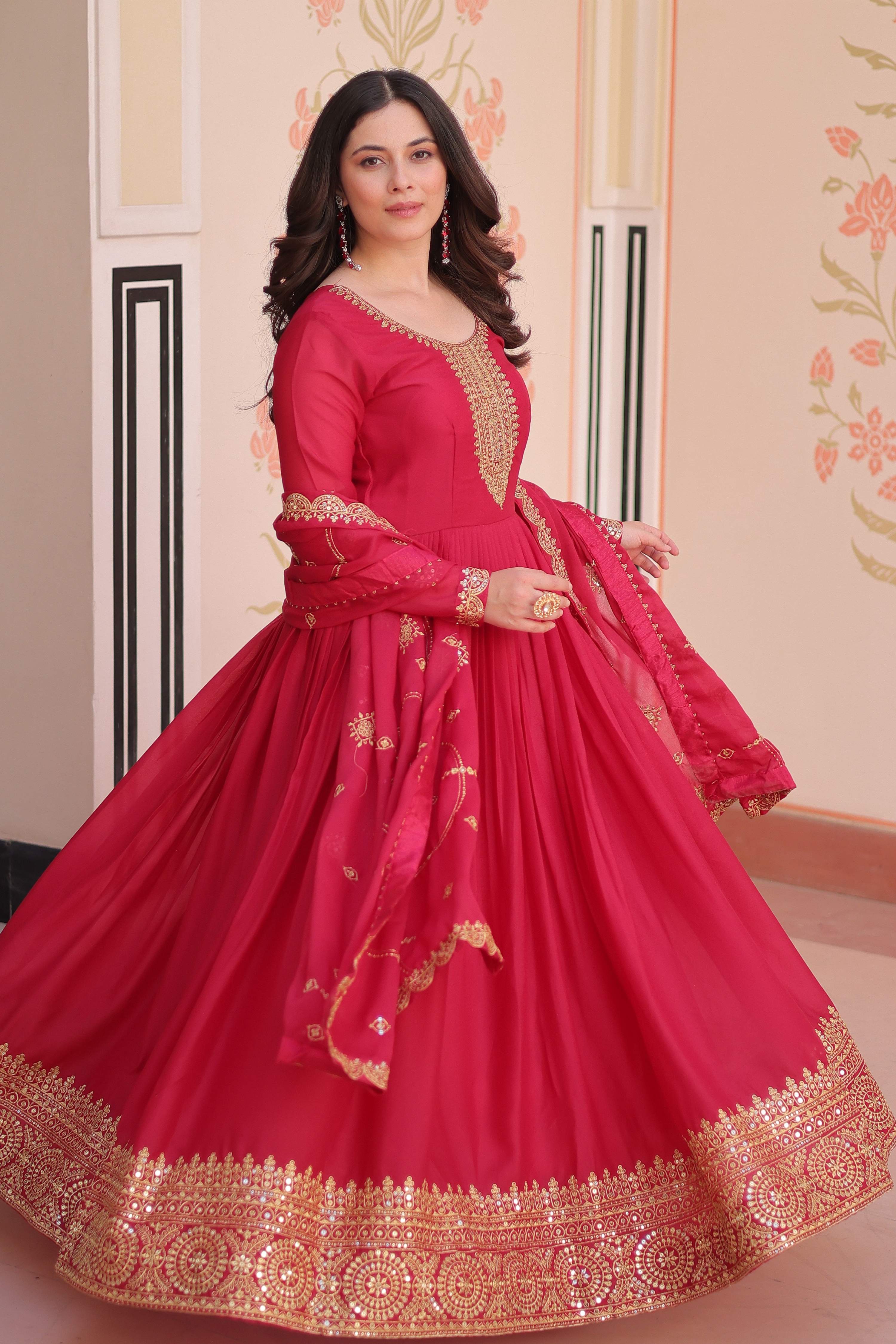Vedant Vastram Georgette Embroidery & Sequence Work Stitched Ethnic Gown-Pink | Grocsy
