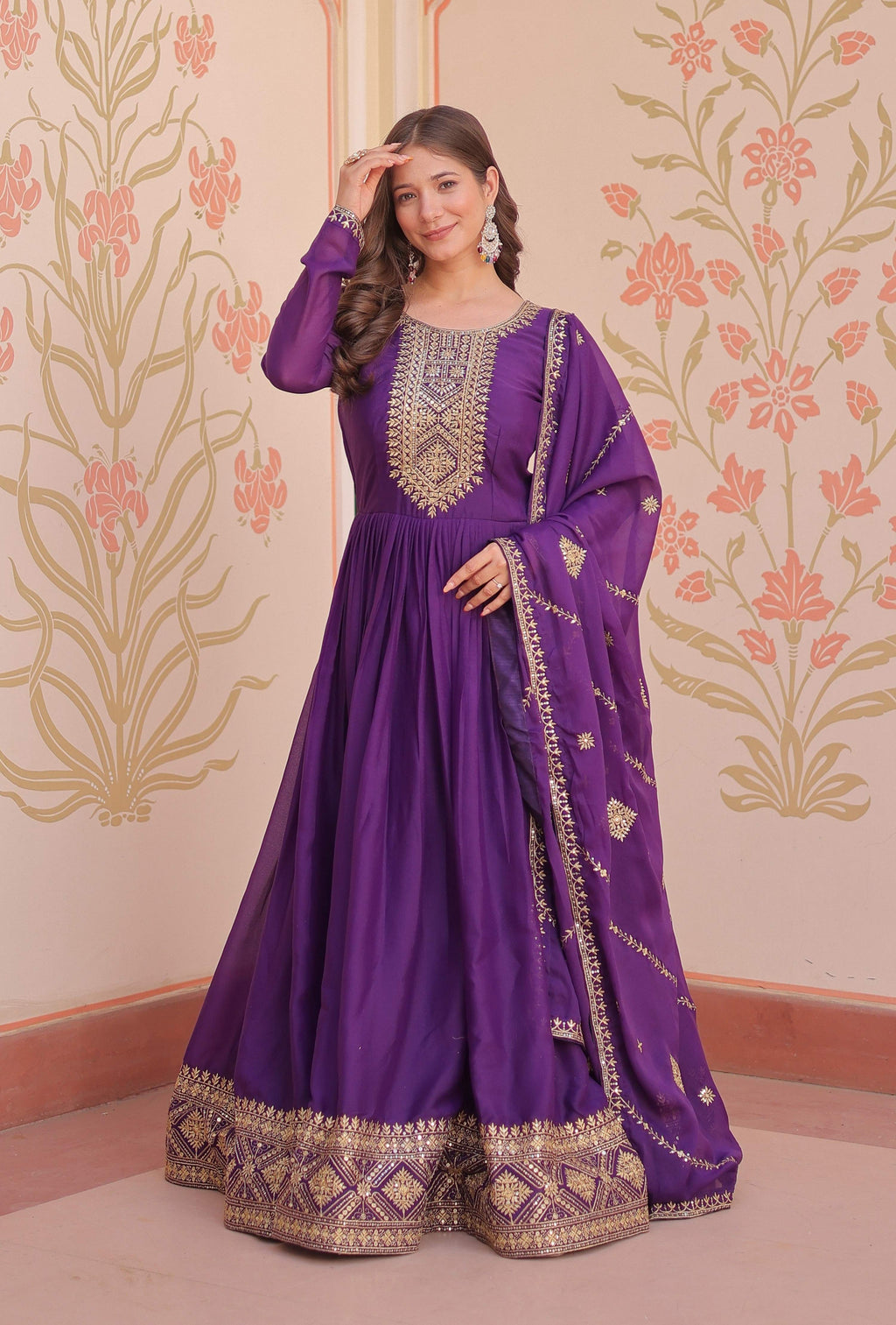 Vedant Vastram Georgette Embroidery & Sequence Work Stitched Ethnic Gown-Purple | Grocsy