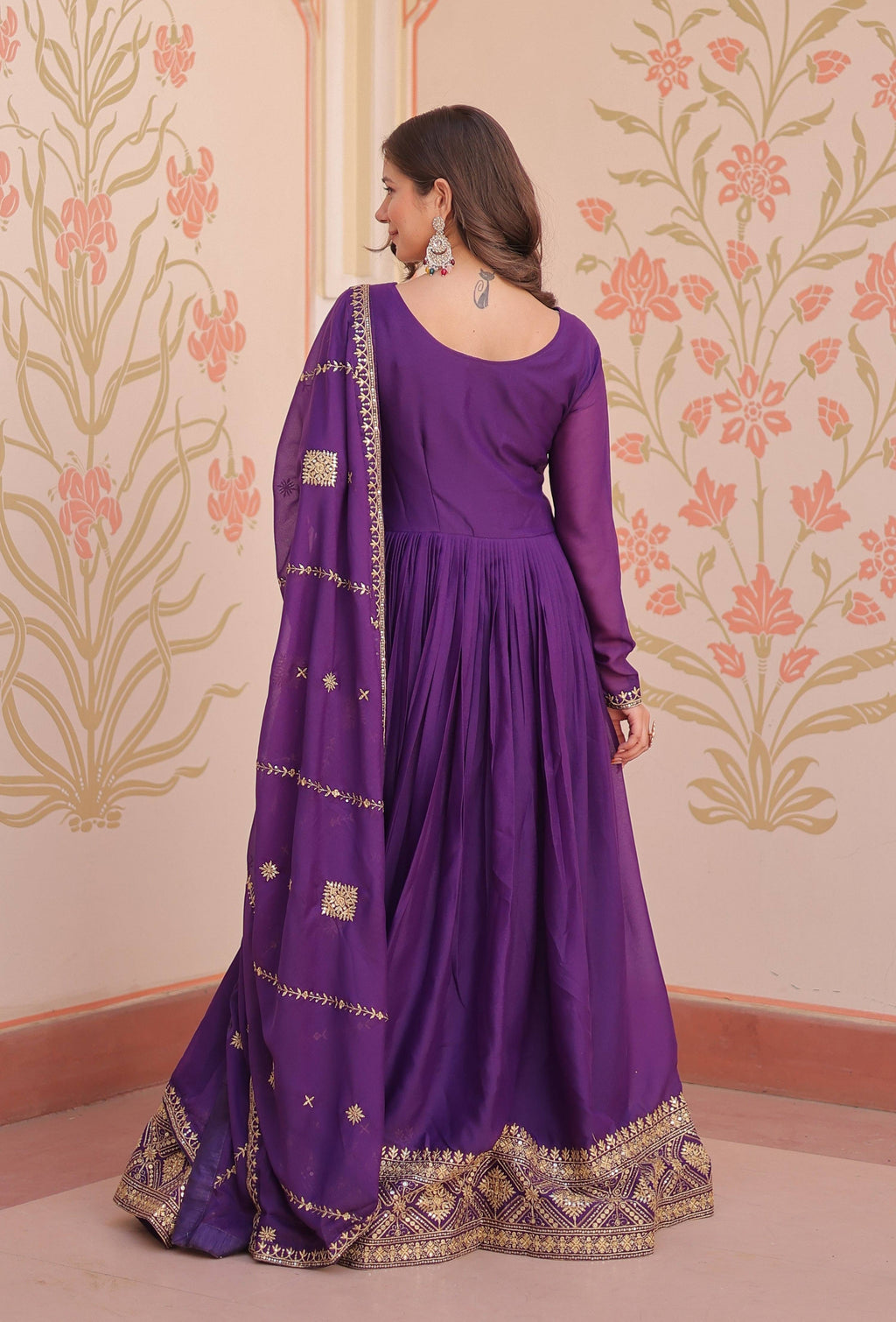 Vedant Vastram Georgette Embroidery & Sequence Work Stitched Ethnic Gown-Purple | Grocsy