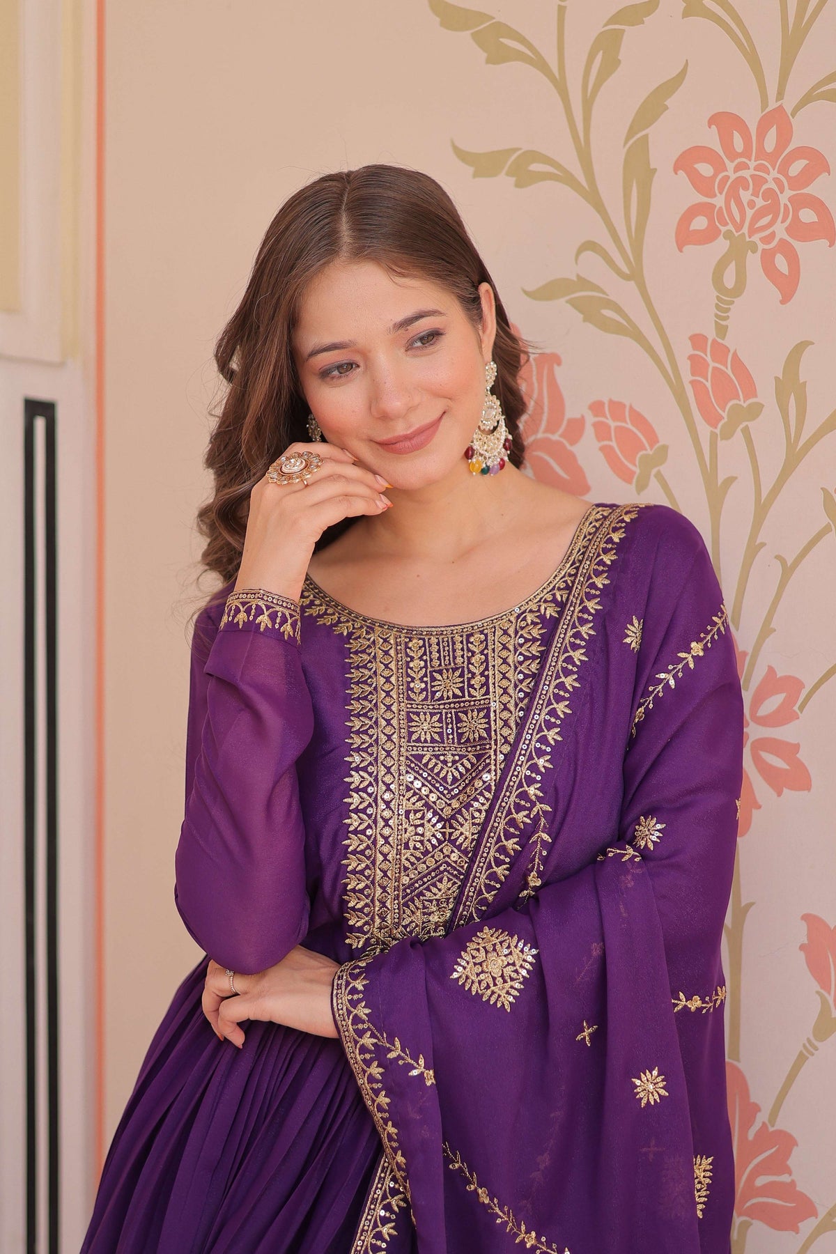 Vedant Vastram Georgette Embroidery & Sequence Work Stitched Ethnic Gown-Purple | Grocsy