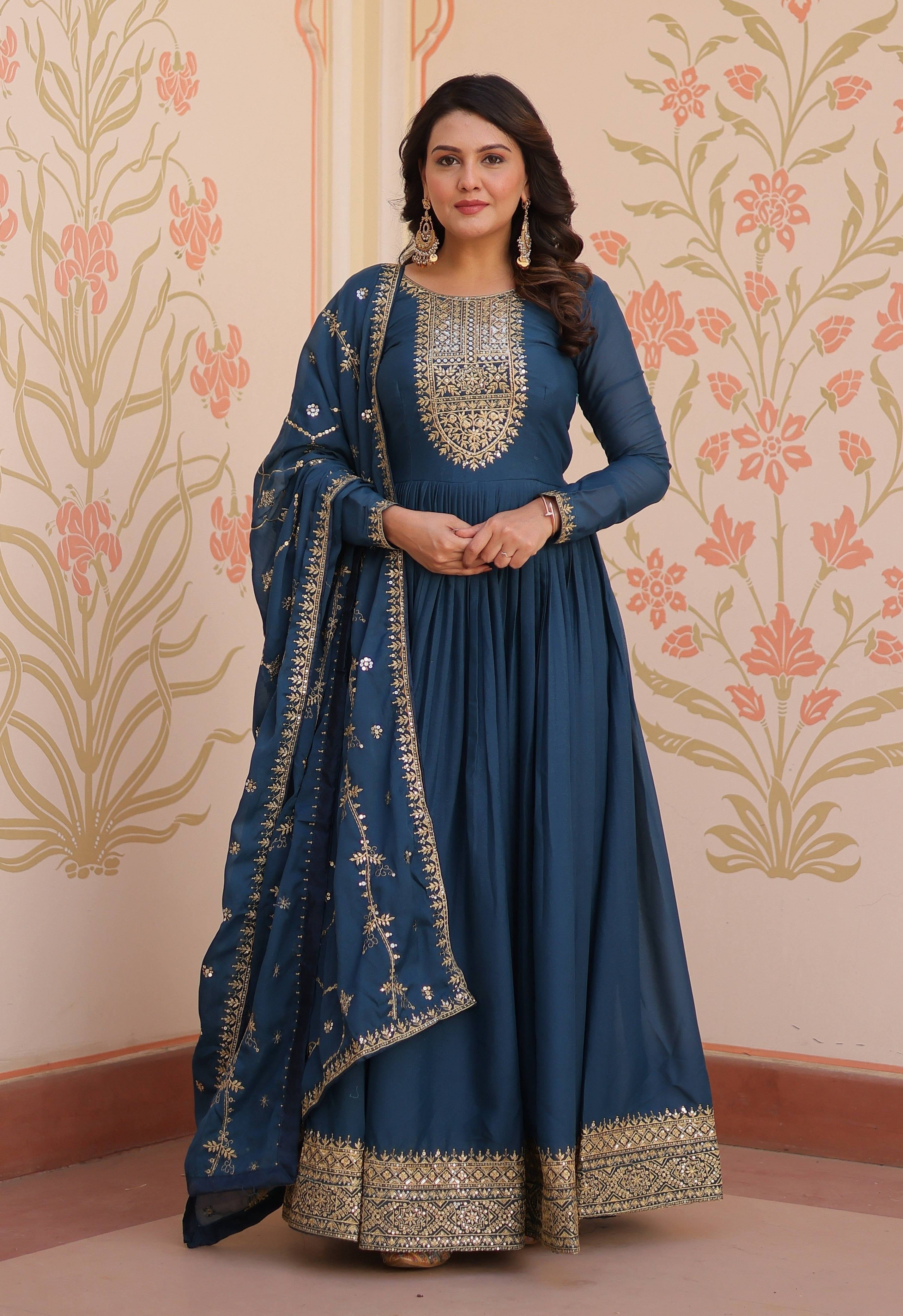 Vedant Vastram Georgette Embroidery & Sequence Work Stitched Ethnic Gown-Rama | Grocsy