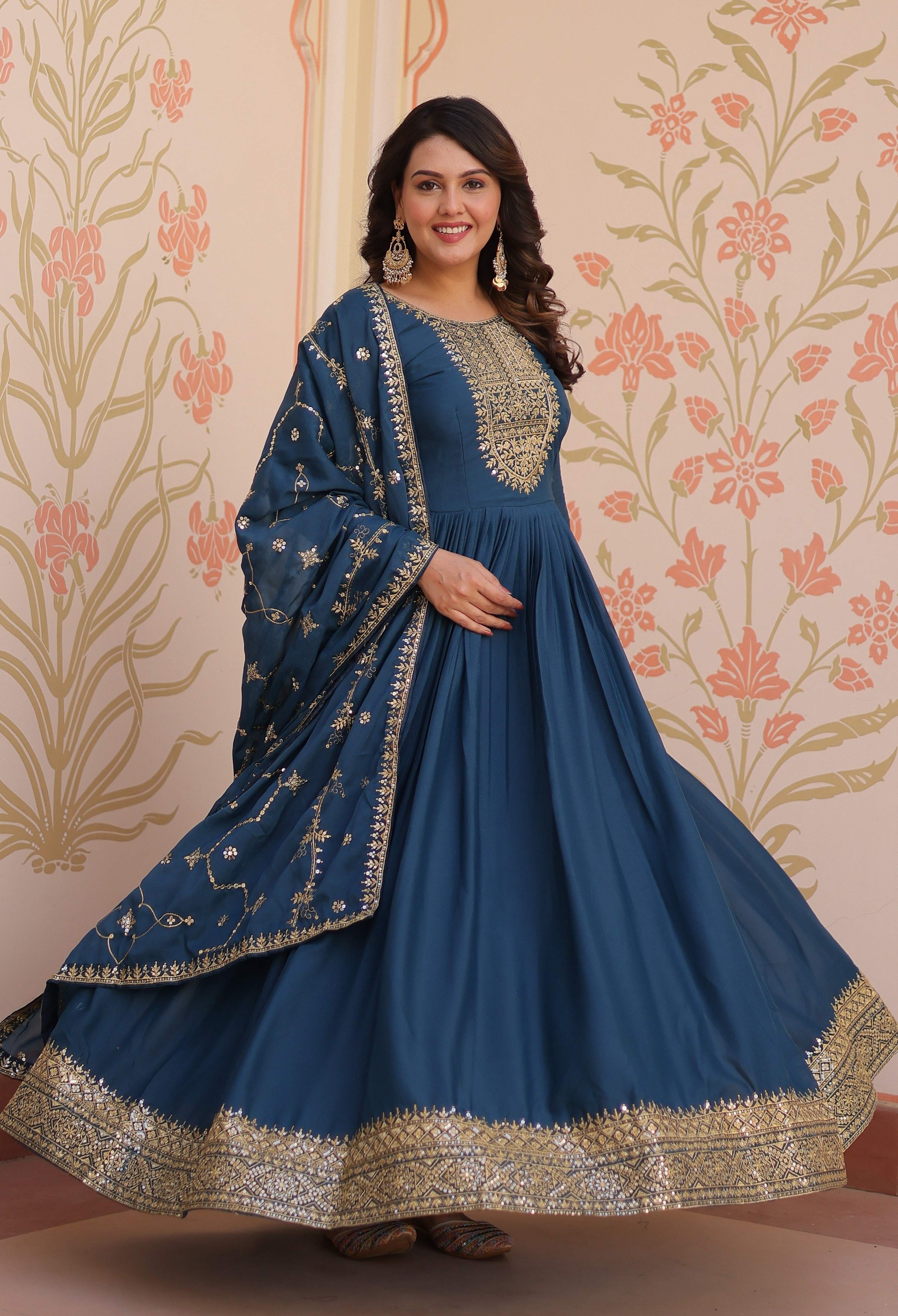 Vedant Vastram Georgette Embroidery & Sequence Work Stitched Ethnic Gown-Rama | Grocsy