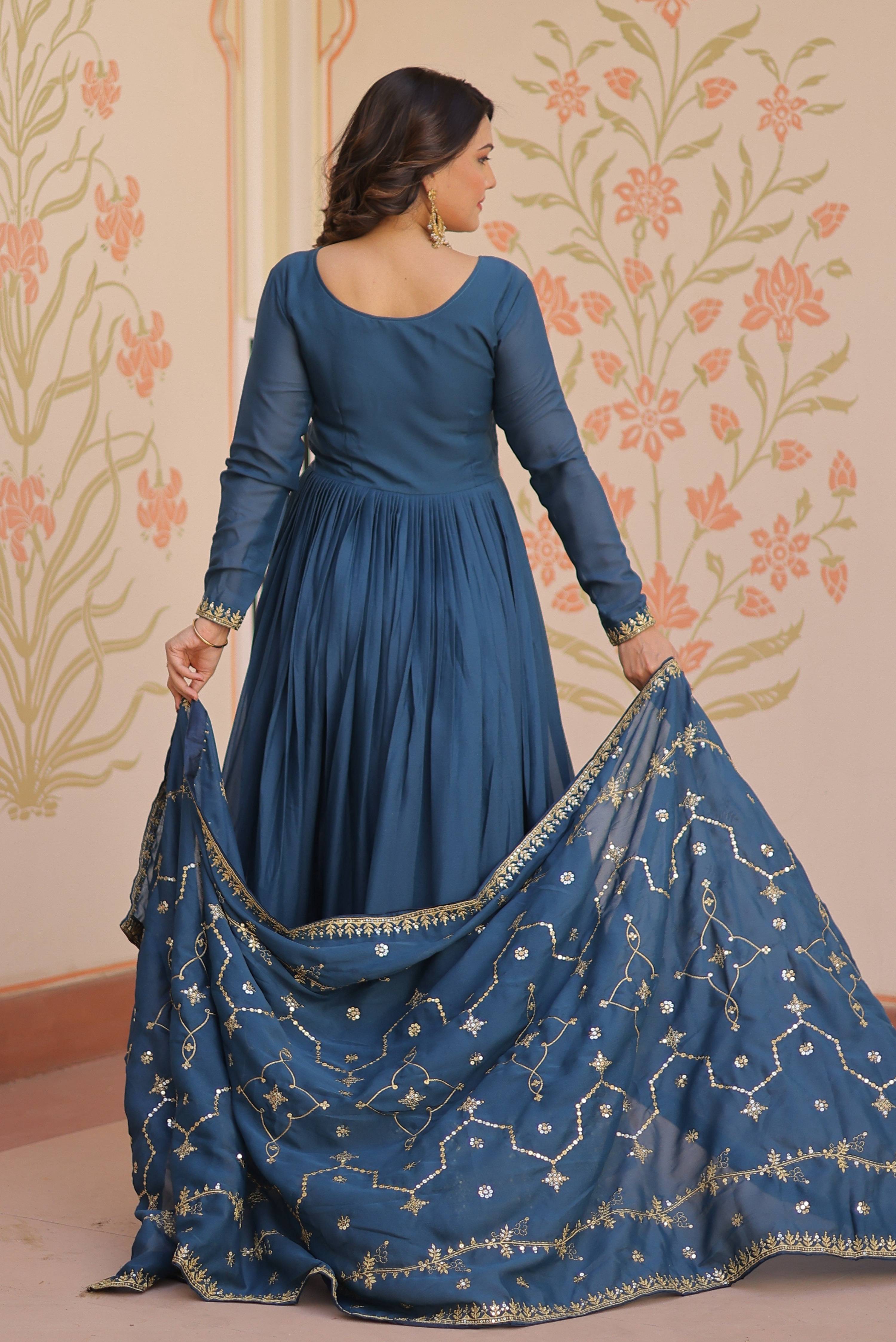Vedant Vastram Georgette Embroidery & Sequence Work Stitched Ethnic Gown-Rama | Grocsy