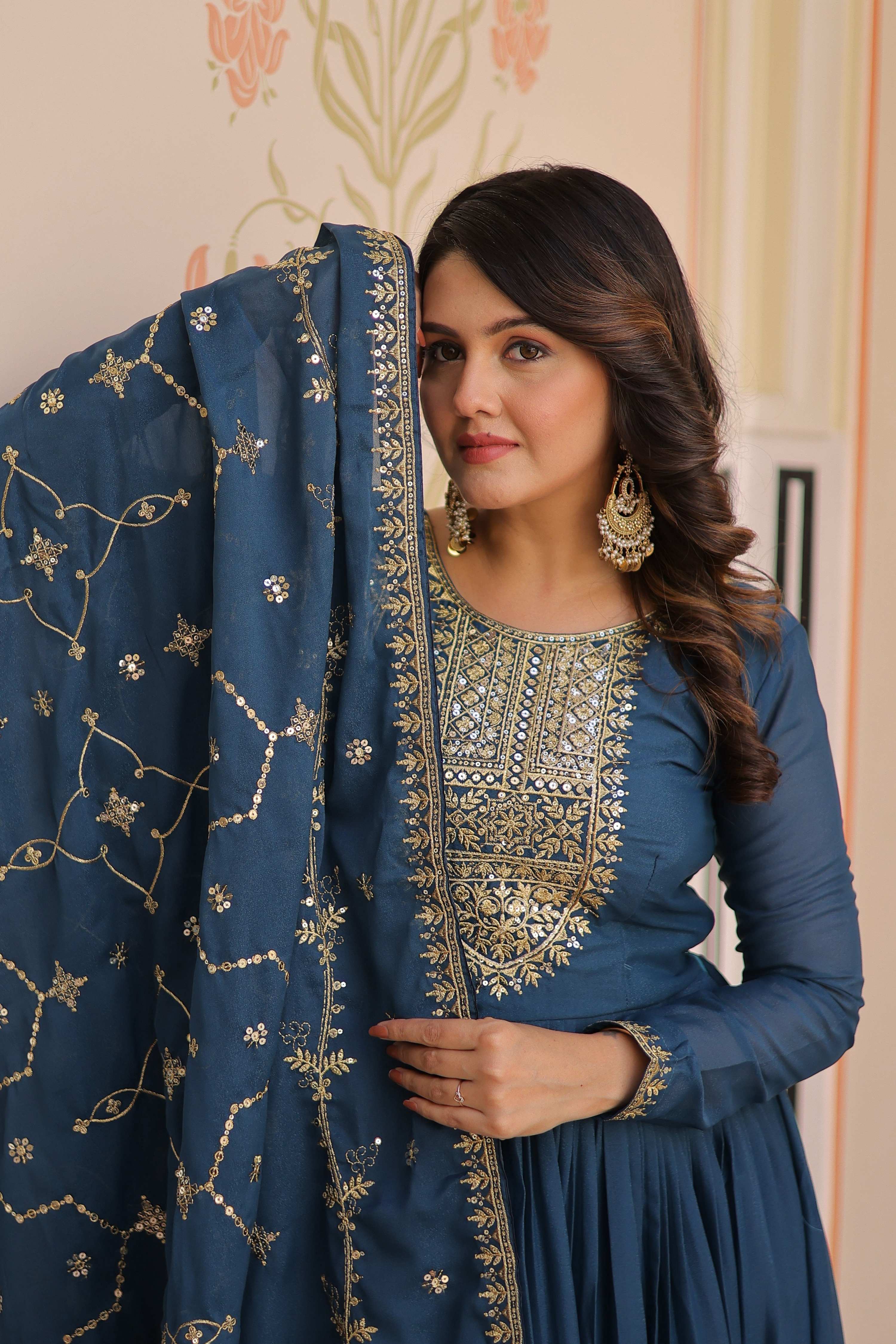 Vedant Vastram Georgette Embroidery & Sequence Work Stitched Ethnic Gown-Rama | Grocsy