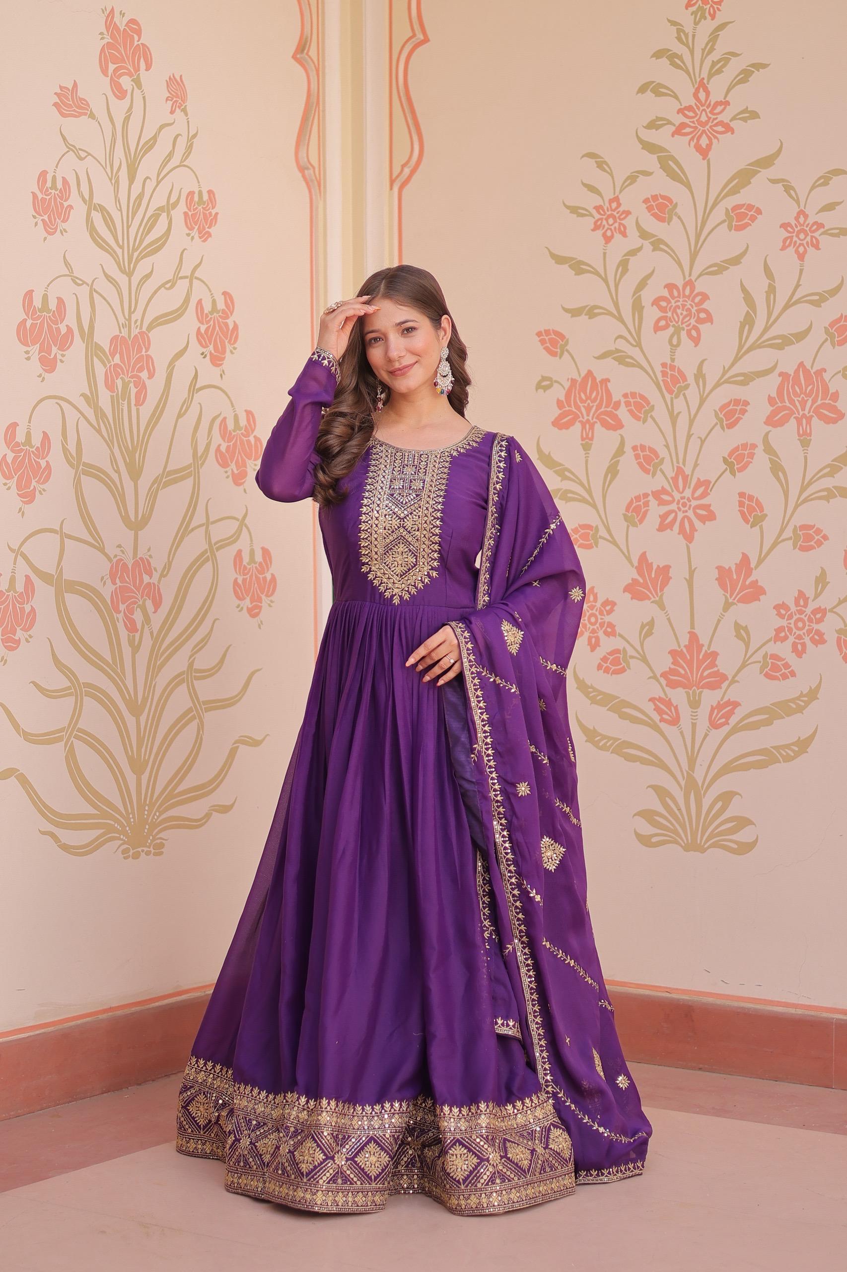 Prazu Fashion Purple Georgette With Zari & Sequins Embroidered Work Gown With Dupatta | Grocsy