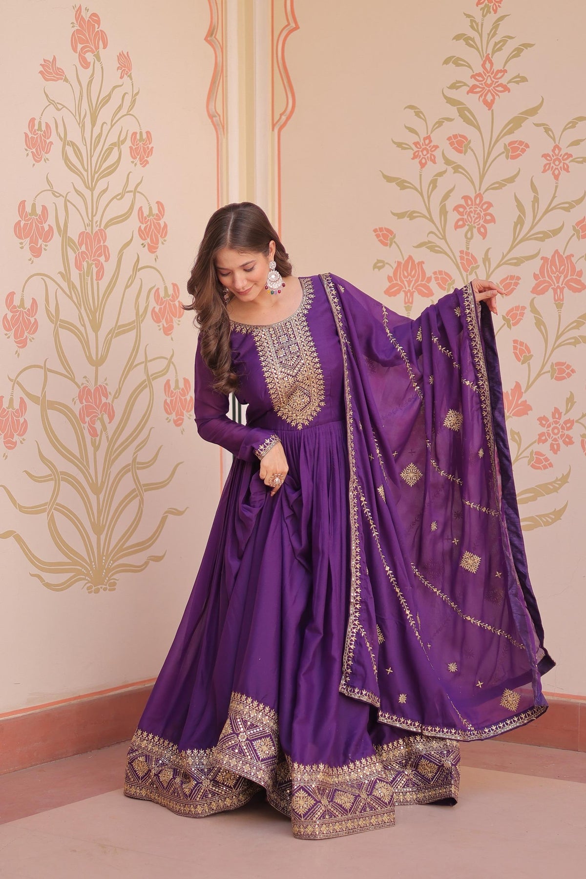 Prazu Fashion Purple Georgette With Zari & Sequins Embroidered Work Gown With Dupatta | Grocsy