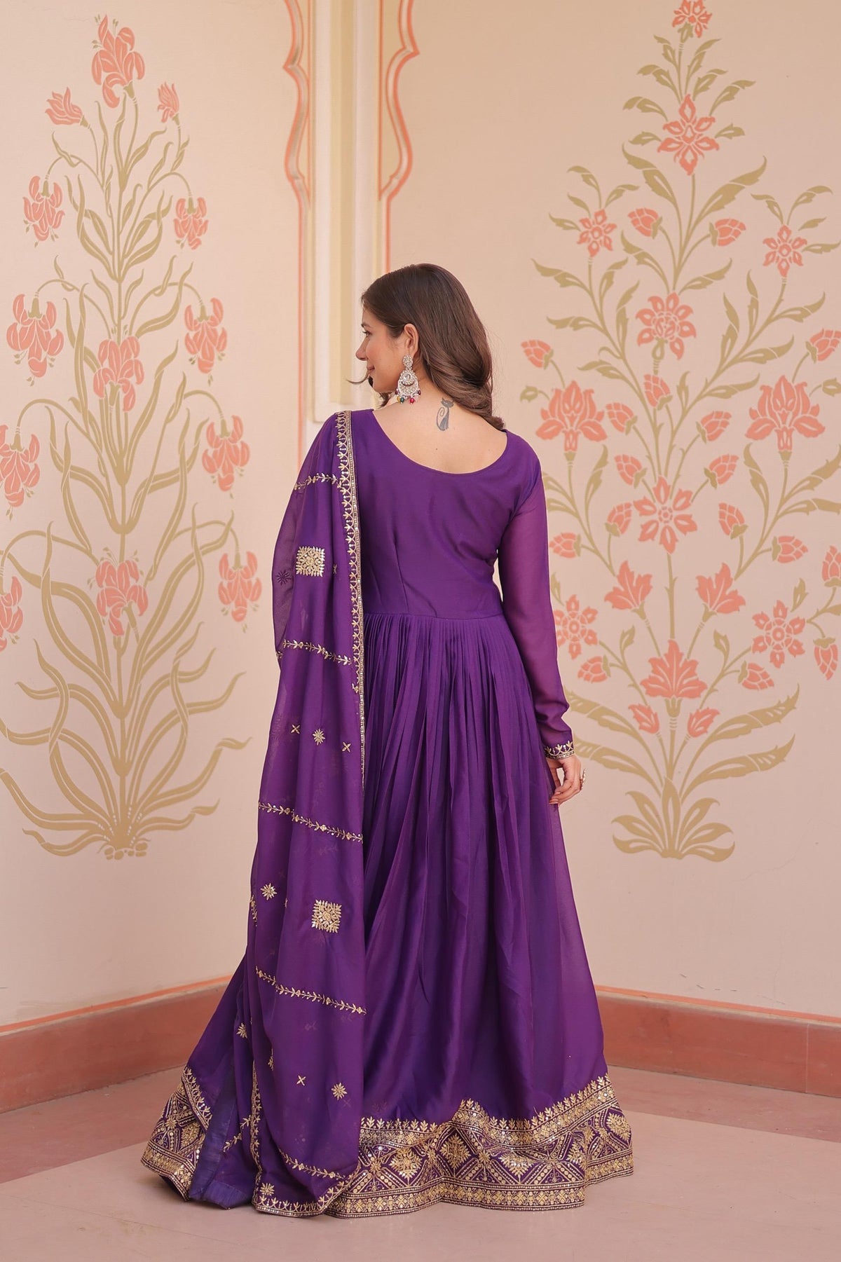 Prazu Fashion Rama Georgette With Zari & Sequins Embroidered Work Gown With Dupatta | Grocsy