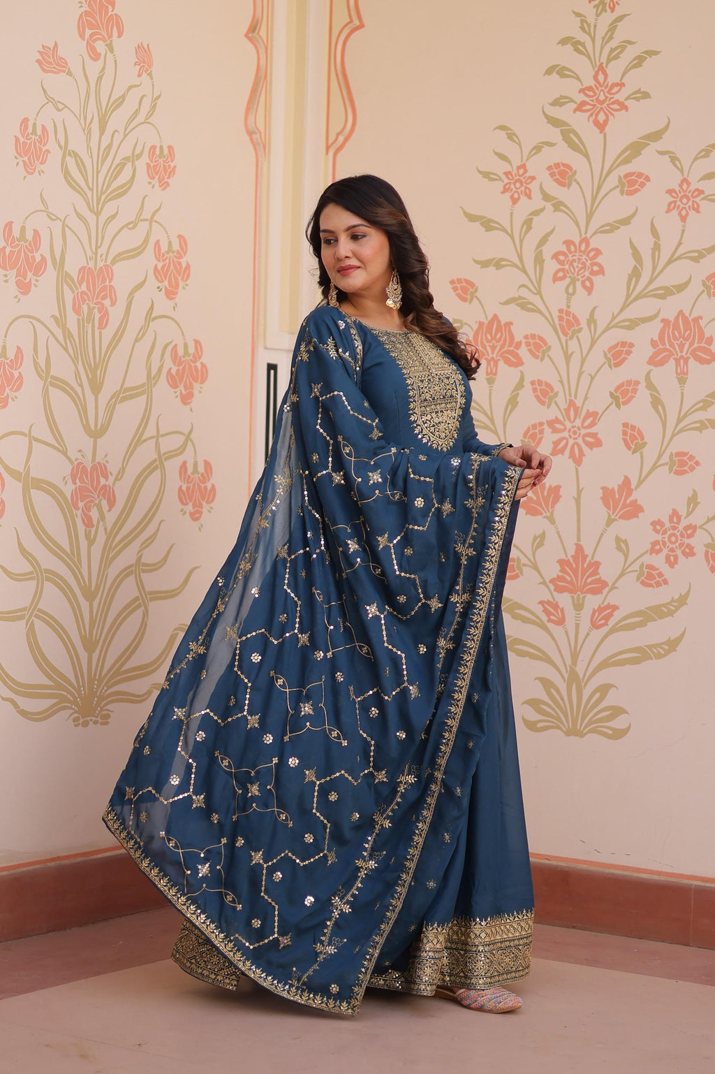 Prazu Fashion Rama Georgette With Zari & Sequins Embroidered Work Gown With Dupatta | Grocsy