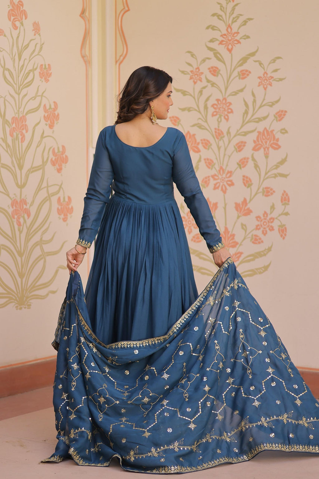 Prazu Fashion Rama Georgette With Zari & Sequins Embroidered Work Gown With Dupatta | Grocsy
