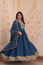 Prazu Fashion Rama Georgette With Zari & Sequins Embroidered Work Gown With Dupatta | Grocsy