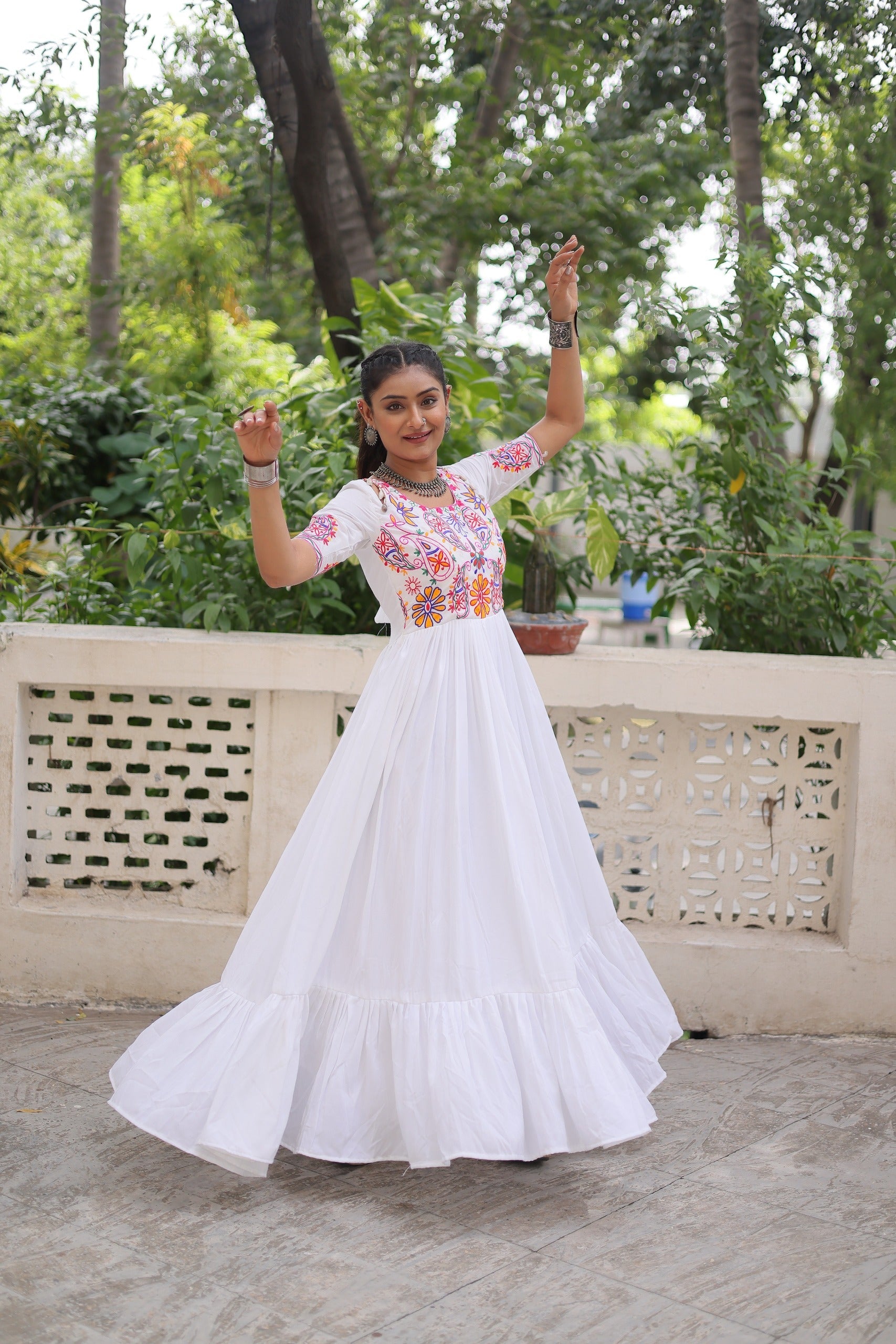 Prazu Fashion Off White Rayon With Kutchi Gamthi Embroidered Gown For Navratri | Grocsy