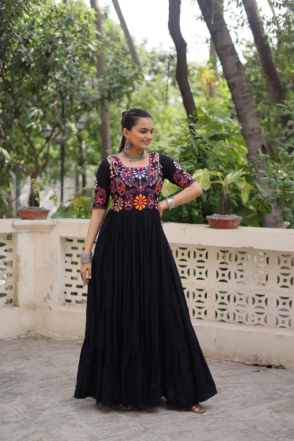 Lorenvalley Fashion Black Rayon with Kutchi Gamthi Embroidered Thread Work Gown | Grocsy