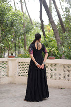 Lorenvalley Fashion Black Rayon with Kutchi Gamthi Embroidered Thread Work Gown | Grocsy