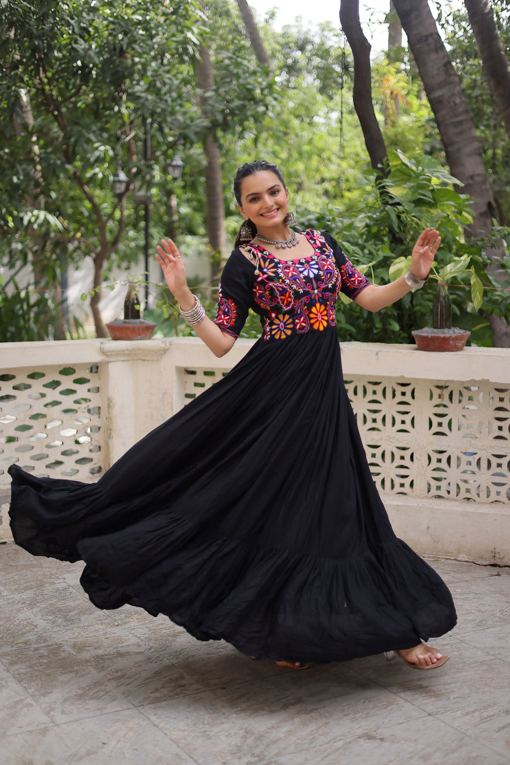 Lorenvalley Fashion Black Rayon with Kutchi Gamthi Embroidered Thread Work Gown | Grocsy