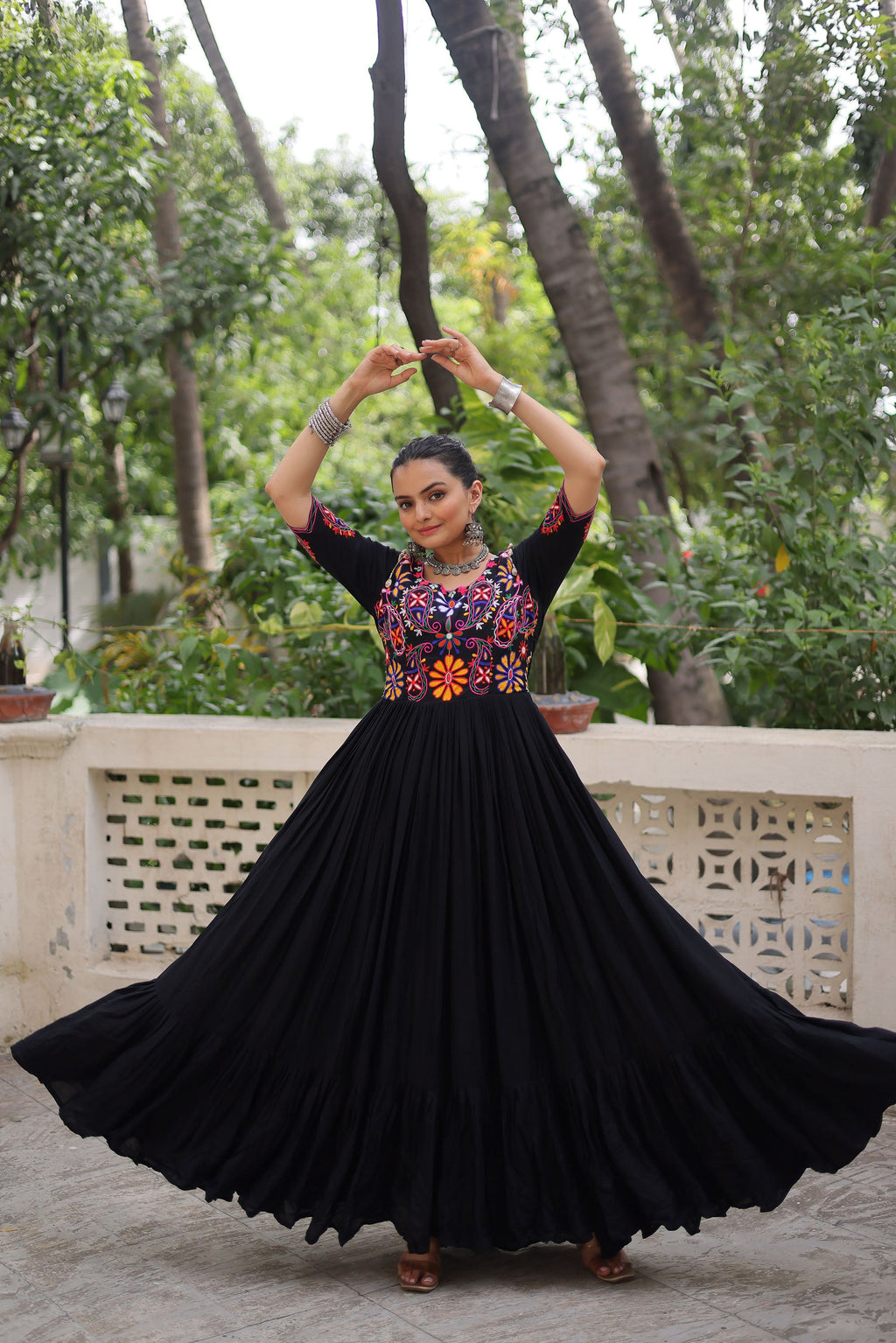 Lorenvalley Fashion Black Rayon with Kutchi Gamthi Embroidered Thread Work Gown | Grocsy