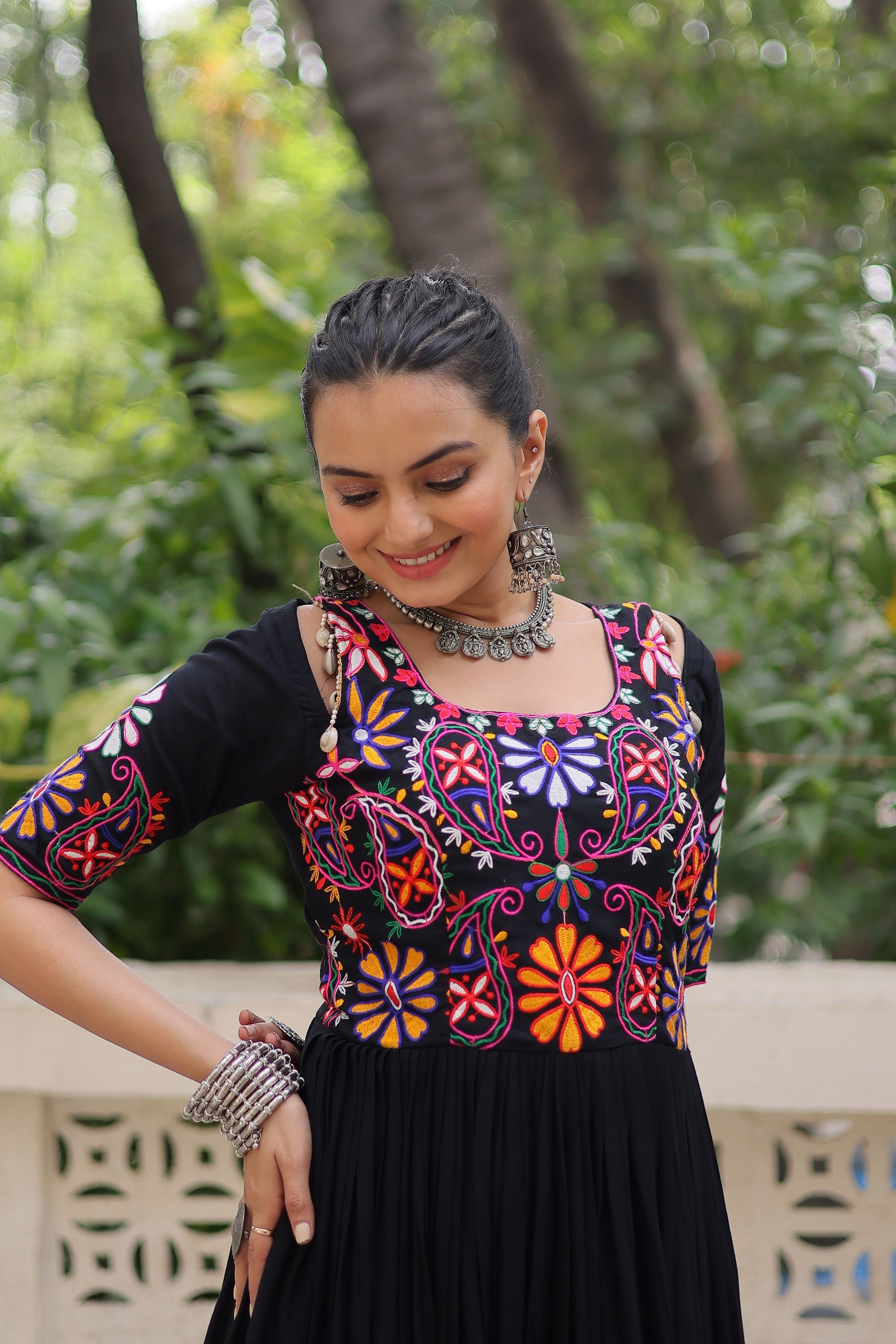 Lorenvalley Fashion Black Rayon with Kutchi Gamthi Embroidered Thread Work Gown | Grocsy