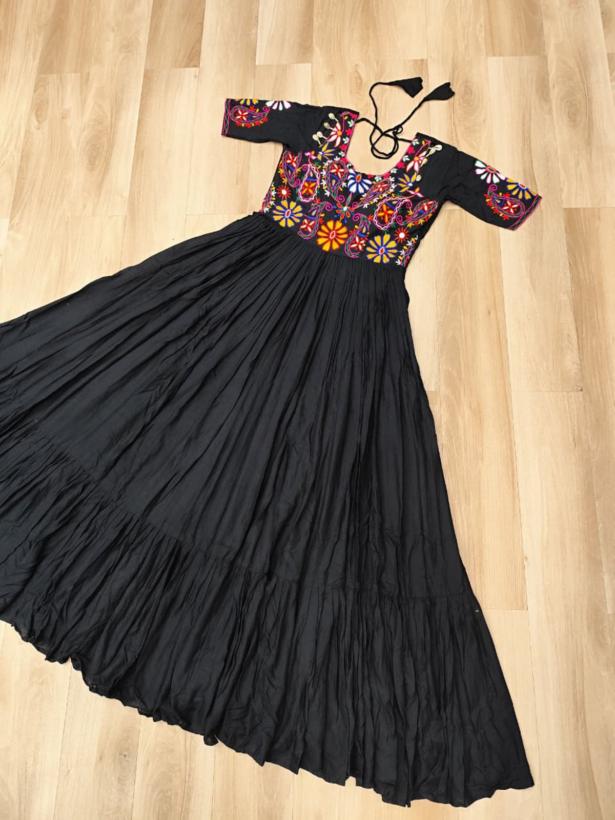 Lorenvalley Fashion Black Rayon with Kutchi Gamthi Embroidered Thread Work Gown | Grocsy