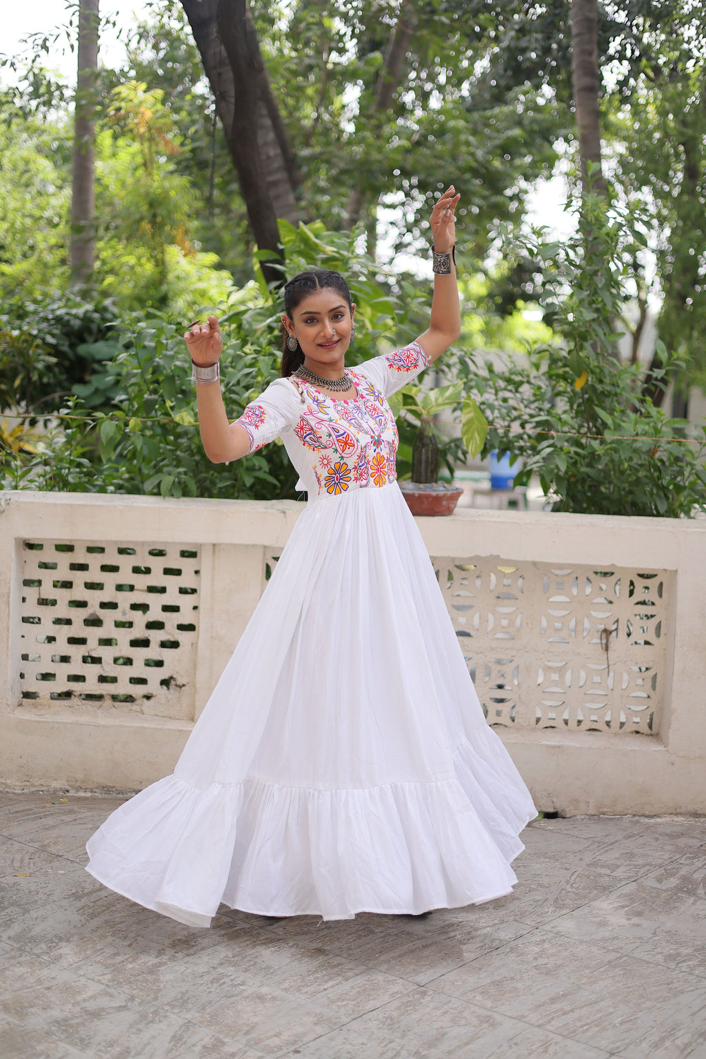 Lorenvalley Fashion White Rayon with Kutchi Gamthi Embroidered Thread Work Gown | Grocsy