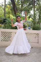 Lorenvalley Fashion White Rayon with Kutchi Gamthi Embroidered Thread Work Gown | Grocsy