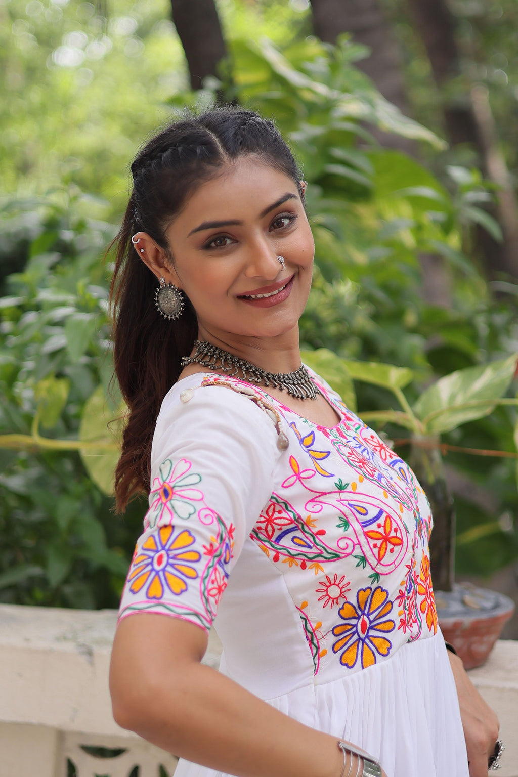Lorenvalley Fashion White Rayon with Kutchi Gamthi Embroidered Thread Work Gown | Grocsy