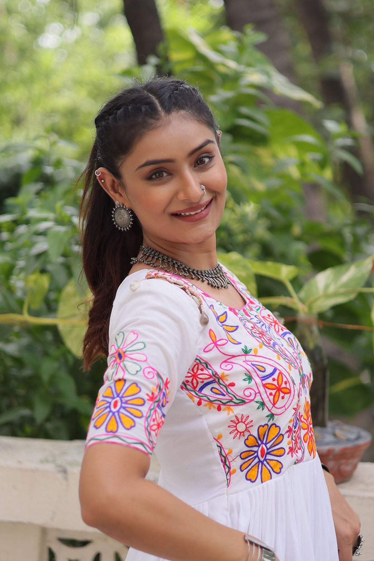 Lorenvalley Fashion White Rayon with Kutchi Gamthi Embroidered Thread Work Gown | Grocsy