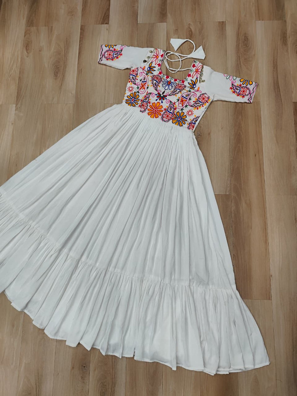 Lorenvalley Fashion White Rayon with Kutchi Gamthi Embroidered Thread Work Gown | Grocsy