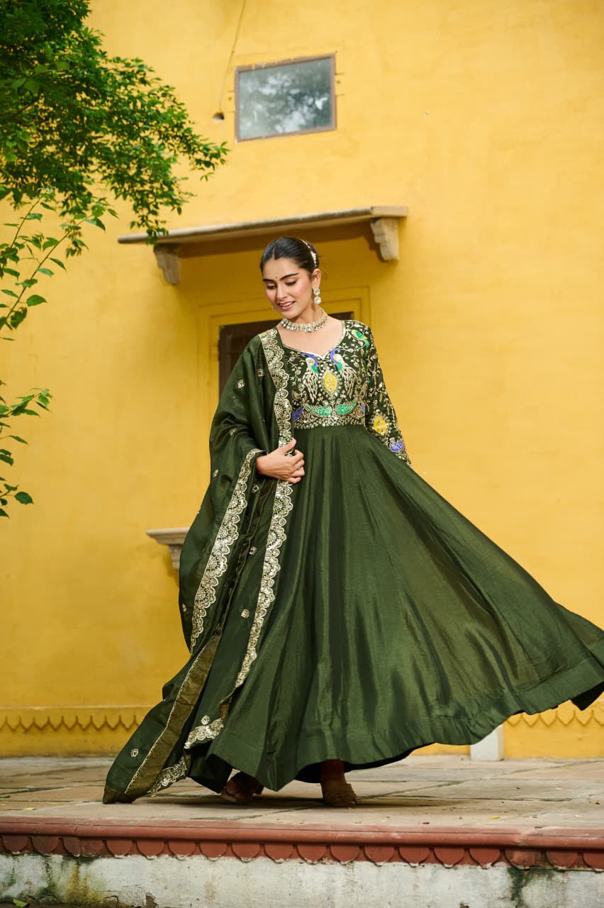 Prazu Fashion Mehendi Vichitra Silk Multi Thread & Embroidered Work Gown With Dupatta | Grocsy