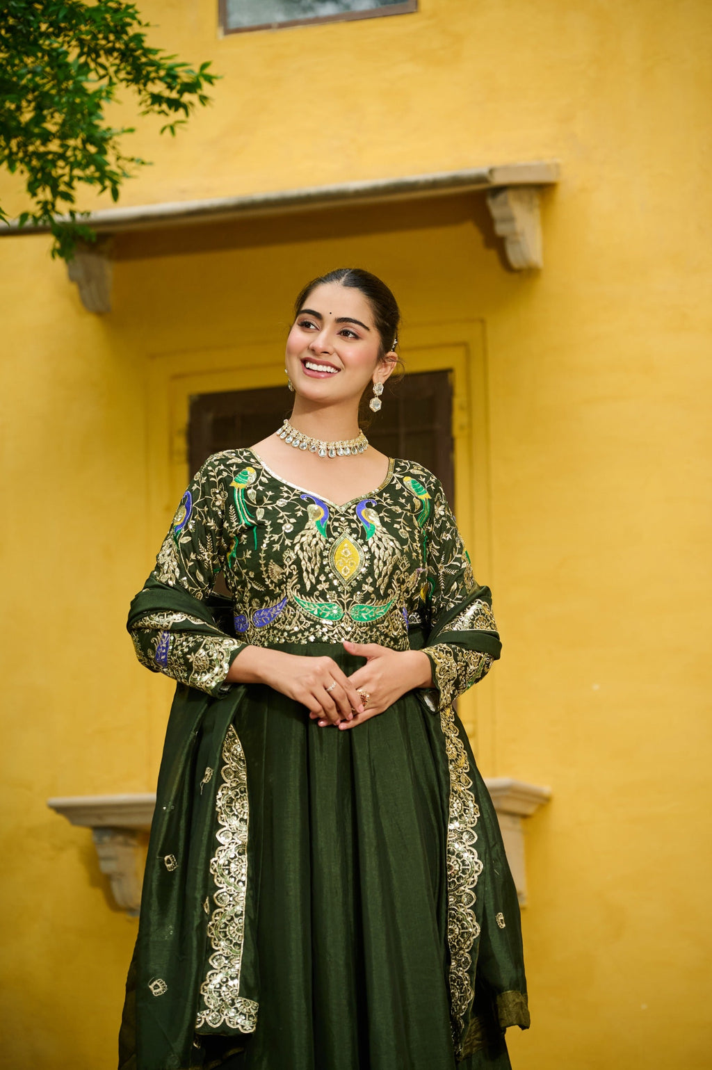 Prazu Fashion Mehendi Vichitra Silk Multi Thread & Embroidered Work Gown With Dupatta | Grocsy