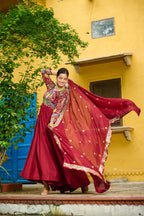 Prazu Fashion Maroon Vichitra Silk Multi Thread & Embroidered Work Gown With Dupatta | Grocsy