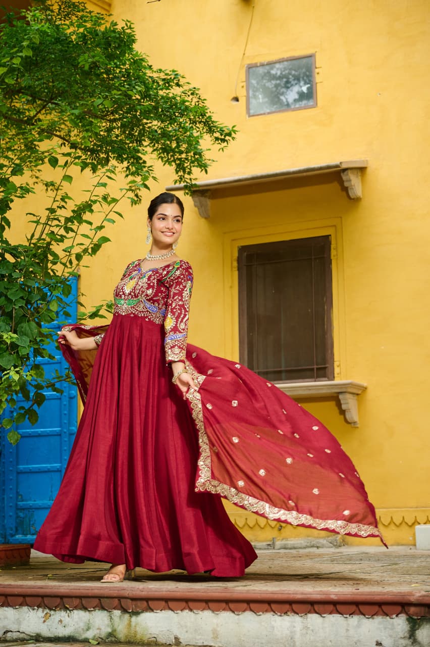 Prazu Fashion Maroon Vichitra Silk Multi Thread & Embroidered Work Gown With Dupatta | Grocsy