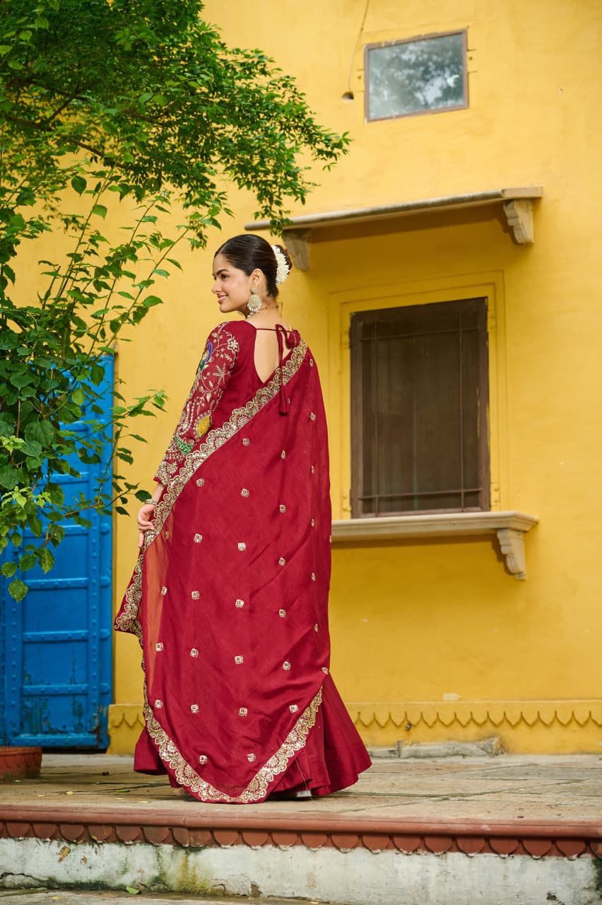 Prazu Fashion Maroon Vichitra Silk Multi Thread & Embroidered Work Gown With Dupatta | Grocsy