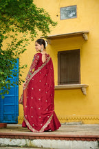 Prazu Fashion Maroon Vichitra Silk Multi Thread & Embroidered Work Gown With Dupatta | Grocsy