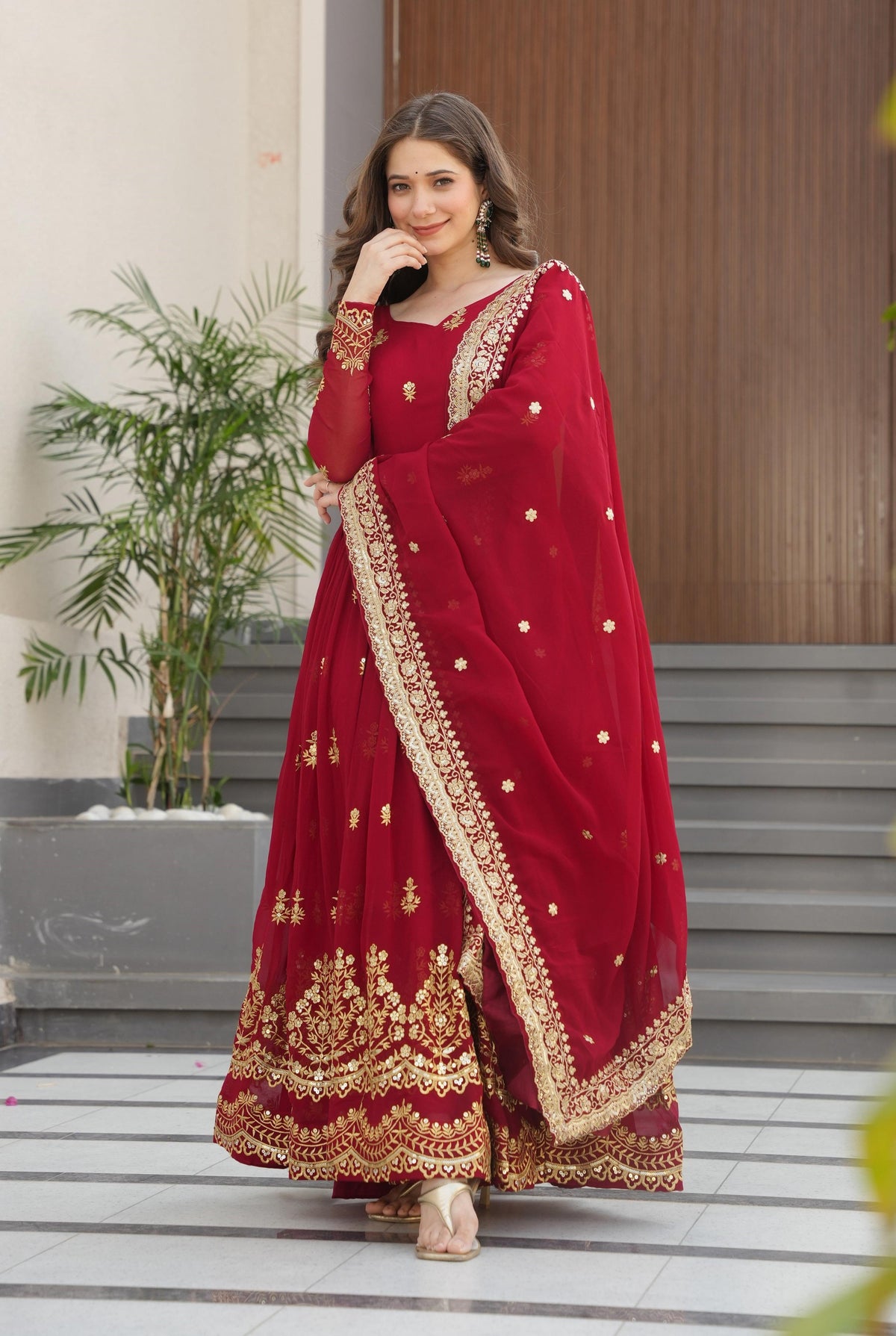 Vedant Vastram Georgette Embroidery & Sequence Work Stitched Ethnic Gown-Maroon | Grocsy