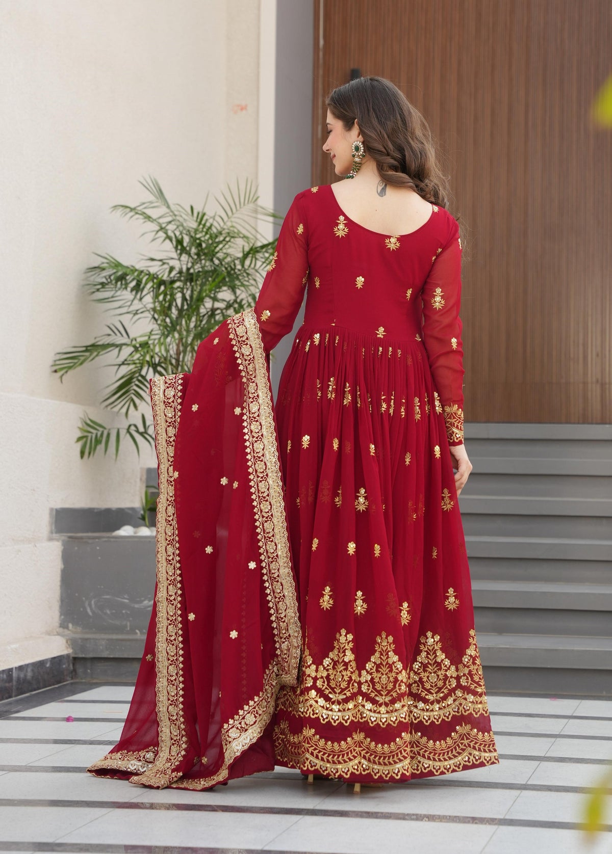 Vedant Vastram Georgette Embroidery & Sequence Work Stitched Ethnic Gown-Maroon | Grocsy