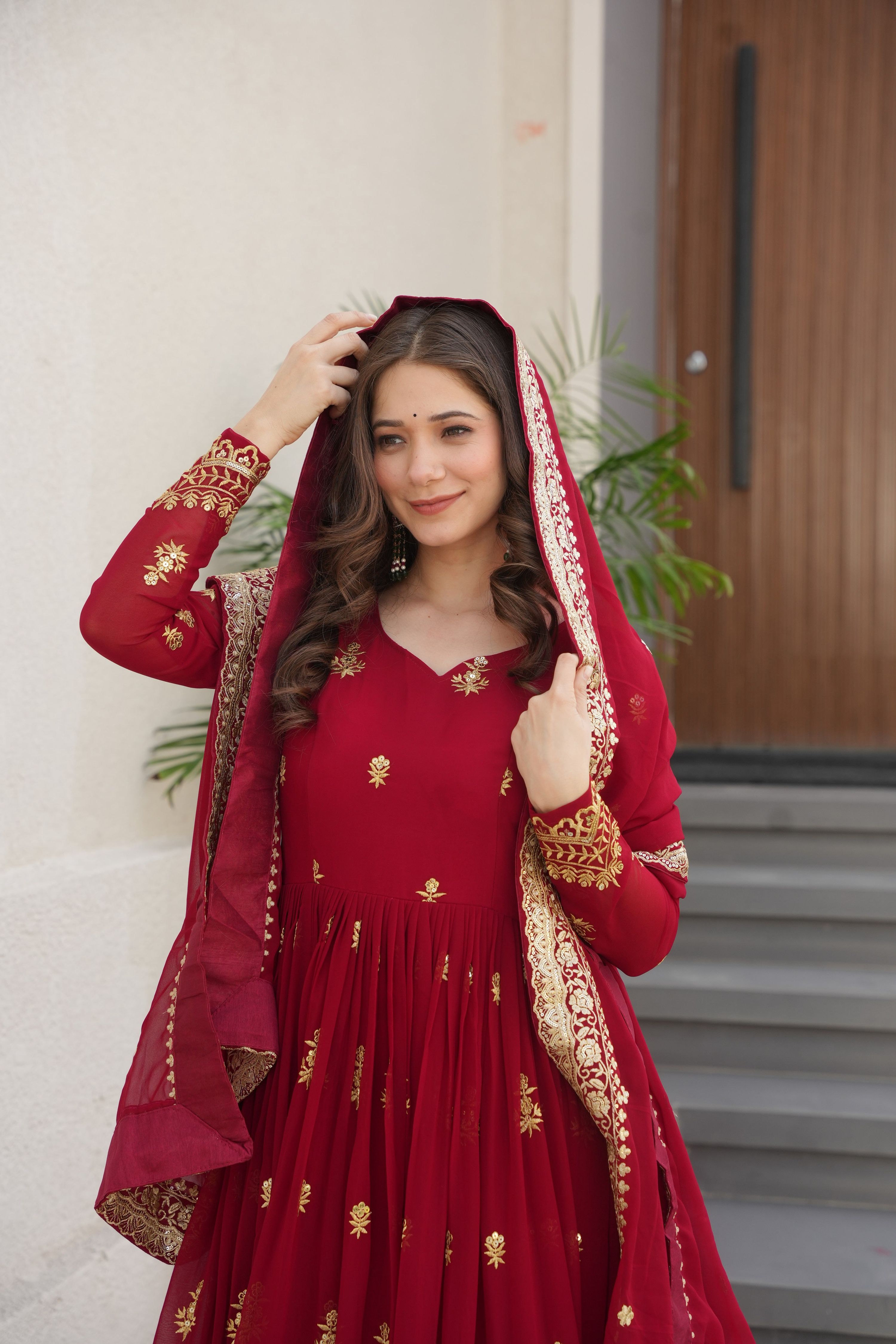 Vedant Vastram Georgette Embroidery & Sequence Work Stitched Ethnic Gown-Maroon | Grocsy