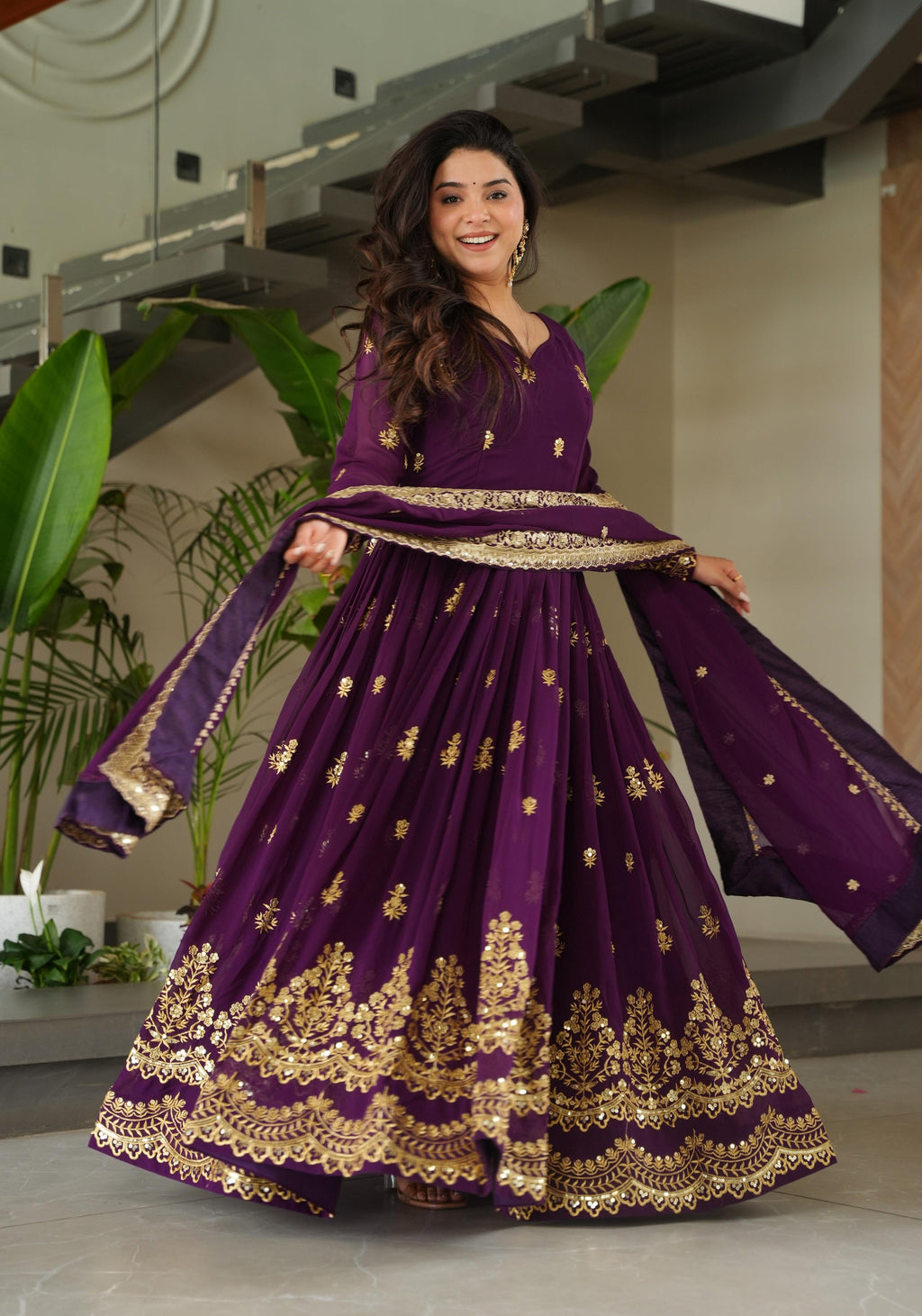 Vedant Vastram Georgette Embroidery & Sequence Work Stitched Ethnic Gown-Purple | Grocsy
