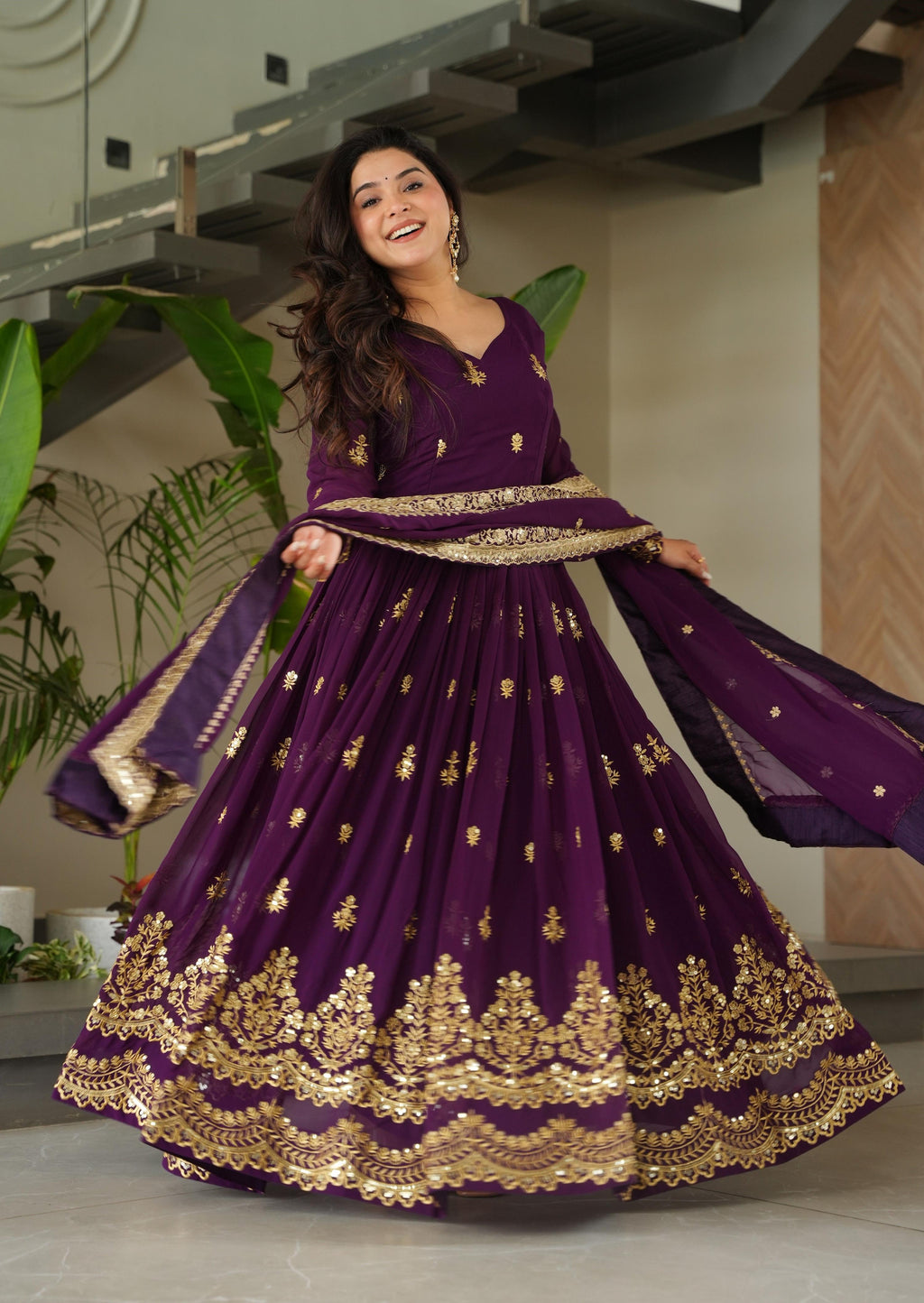 Vedant Vastram Georgette Embroidery & Sequence Work Stitched Ethnic Gown-Purple | Grocsy