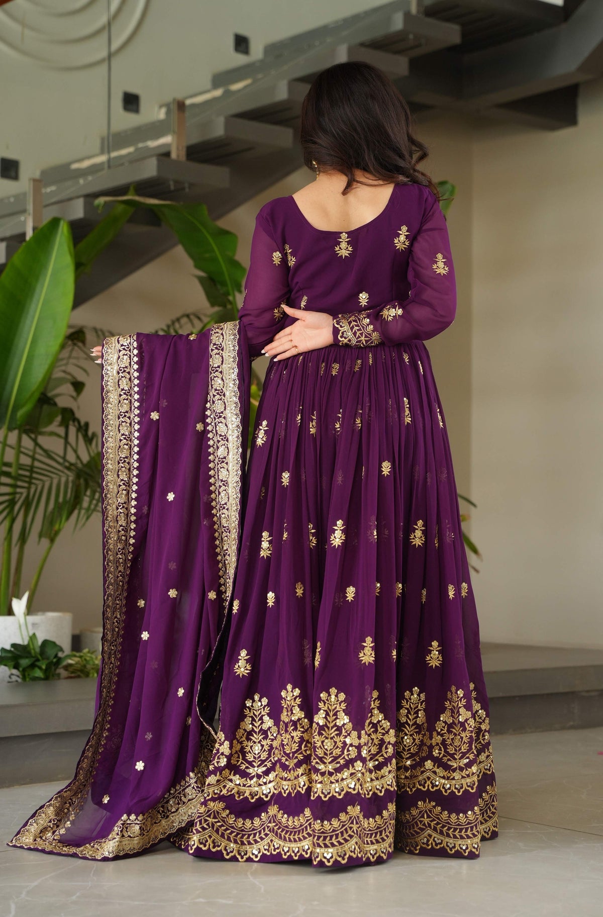 Vedant Vastram Georgette Embroidery & Sequence Work Stitched Ethnic Gown-Purple | Grocsy