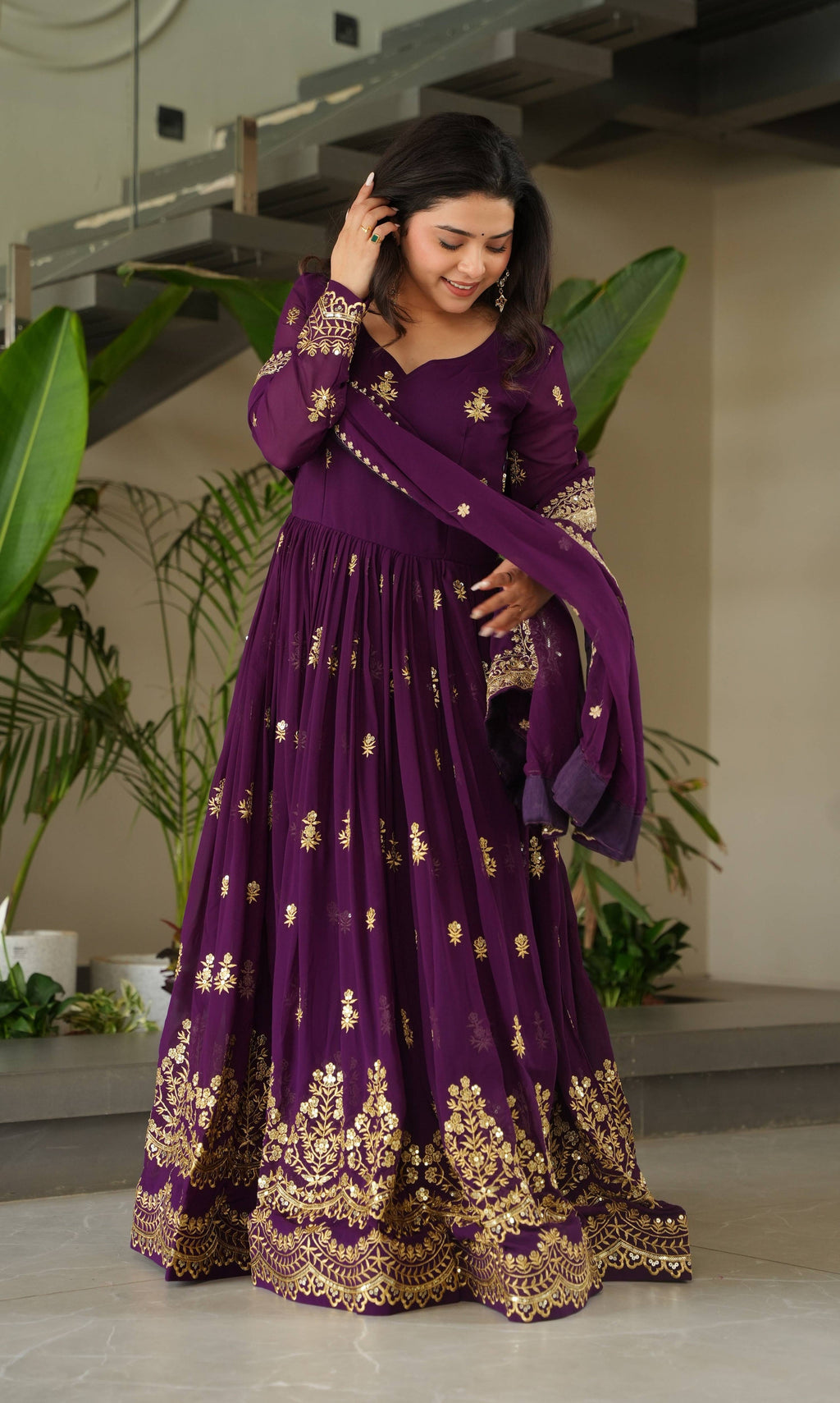 Vedant Vastram Georgette Embroidery & Sequence Work Stitched Ethnic Gown-Purple | Grocsy
